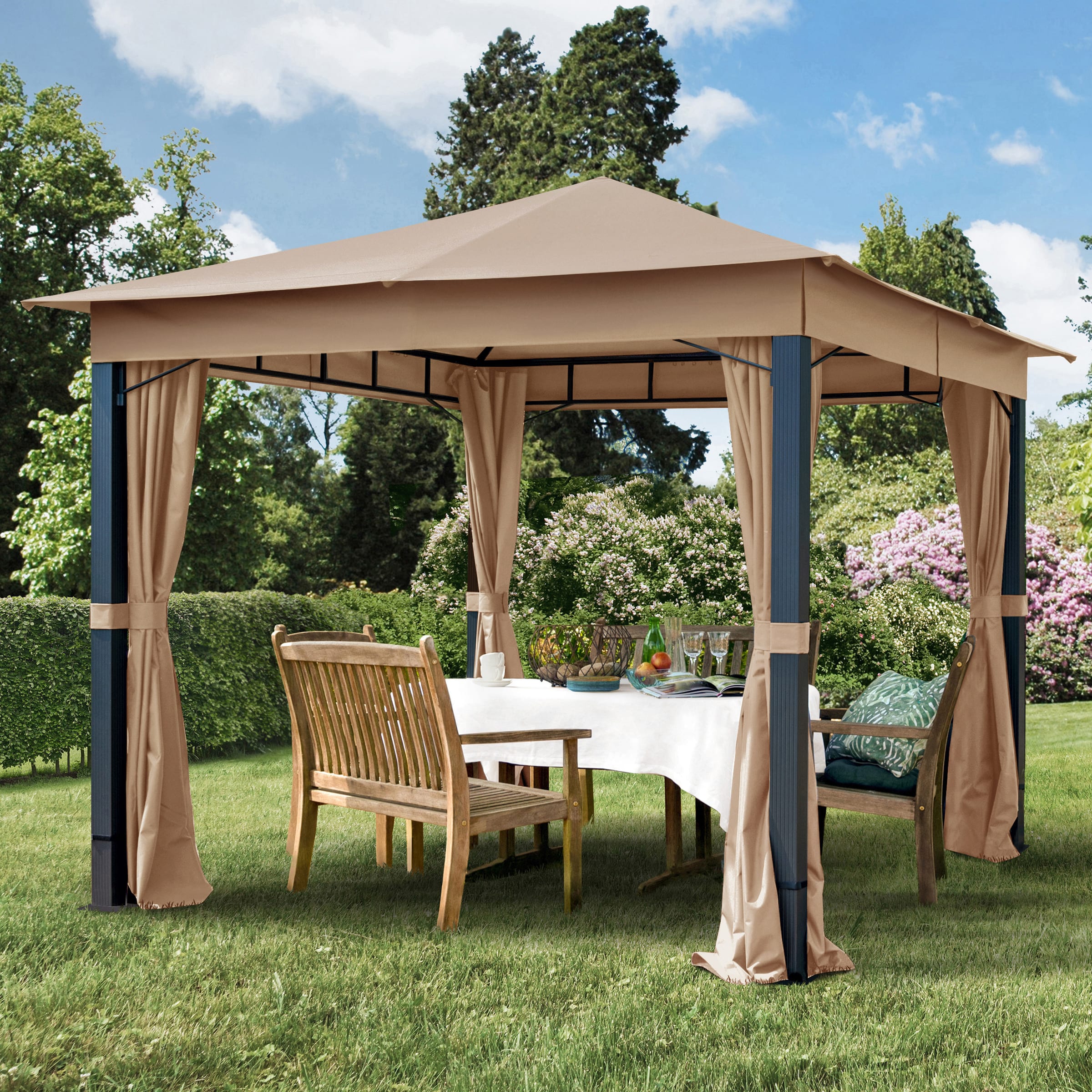 3x3m Tonnelle de jardin taupe Polyester pelliculé polyuréthane Gazebo