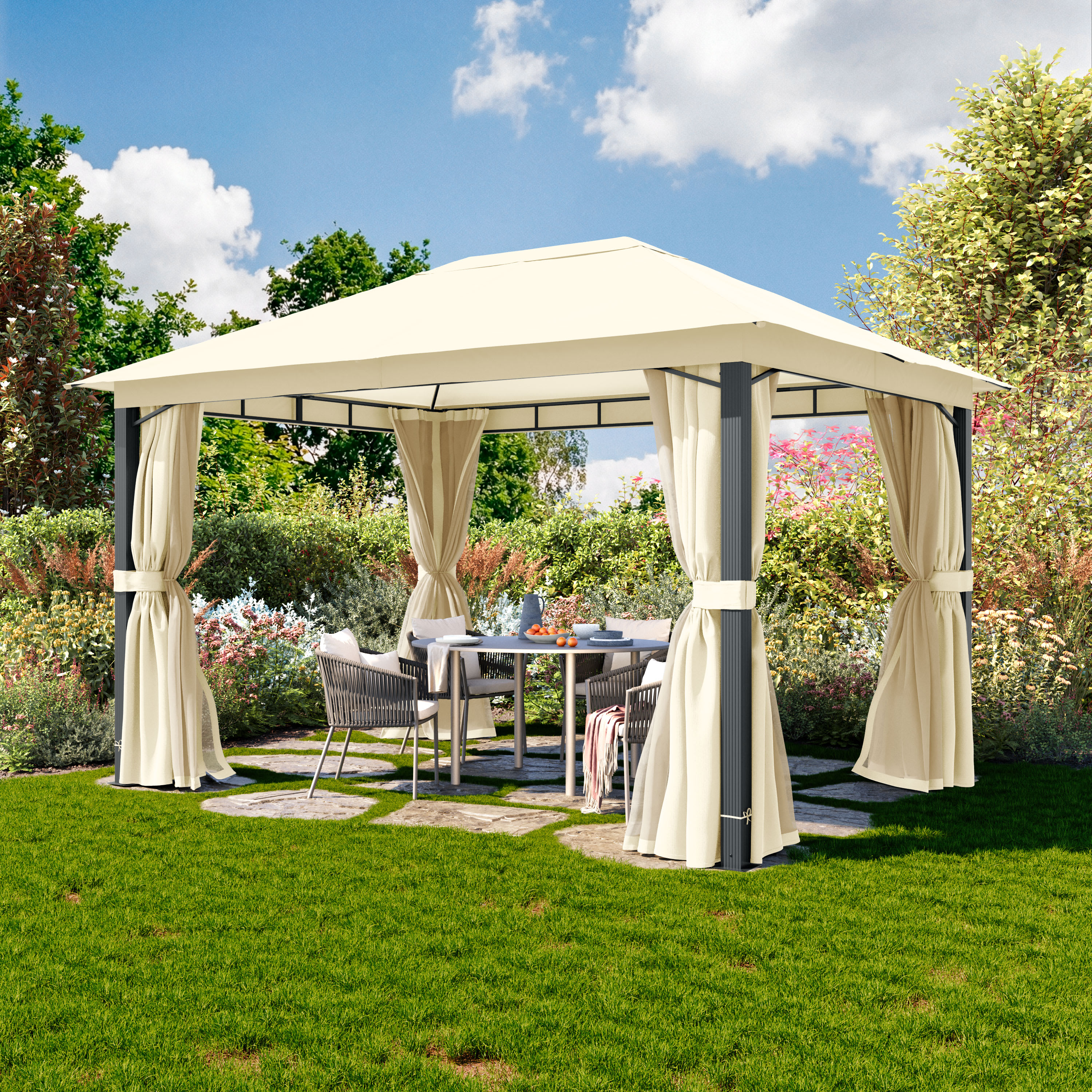 3x4m Tonnelle de jardin champagne Polyester recouvert d’une couche de PU Pavillon