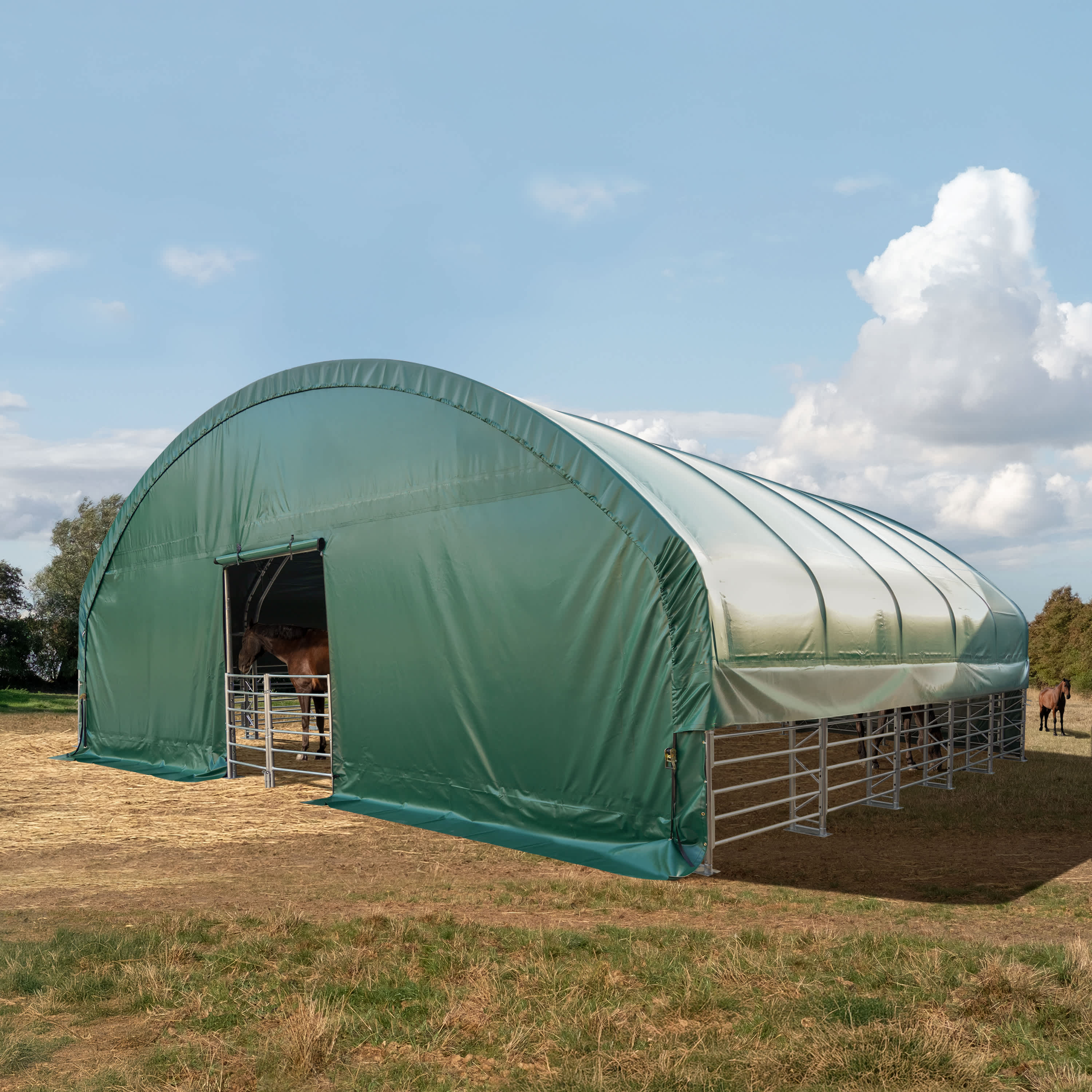 10x10m Abri tunnel vert foncé PVC 2300 Abri chevaux, Abri agricole, Abri animaux, Abri foin, Abri prairie, Tente de pâturage
