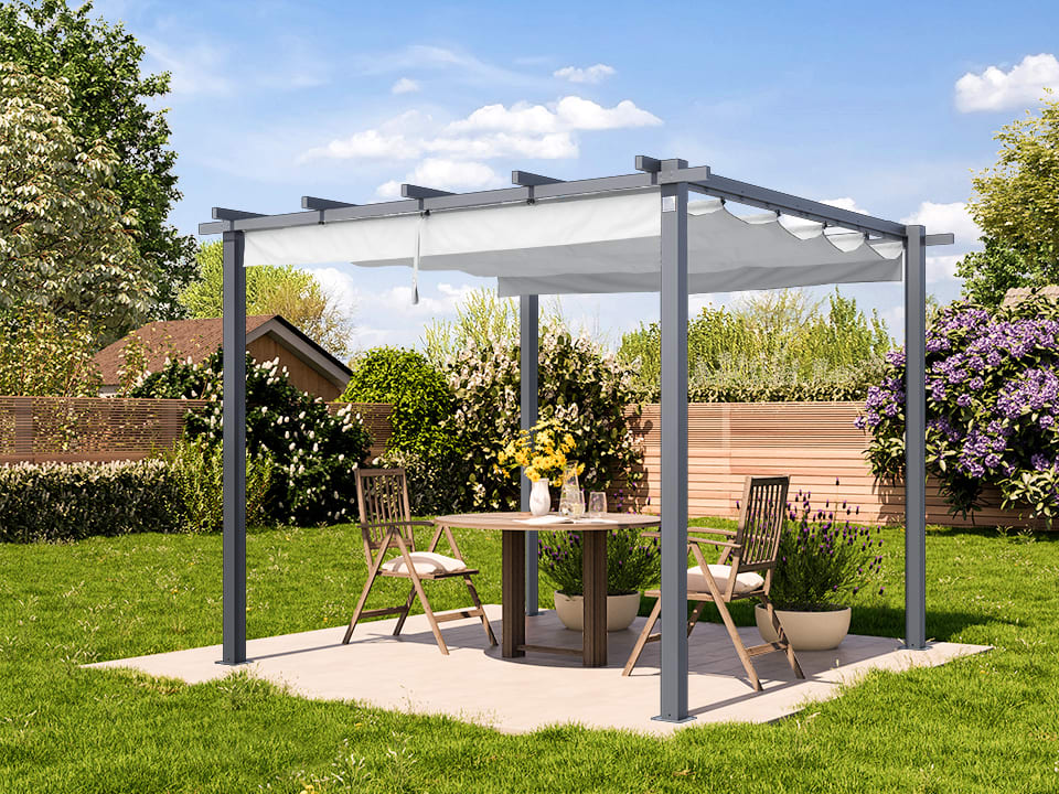 PRIMEYARD 3x3m Pergola in Perlgrau; mit Sonnensegel in Stone - (400100)