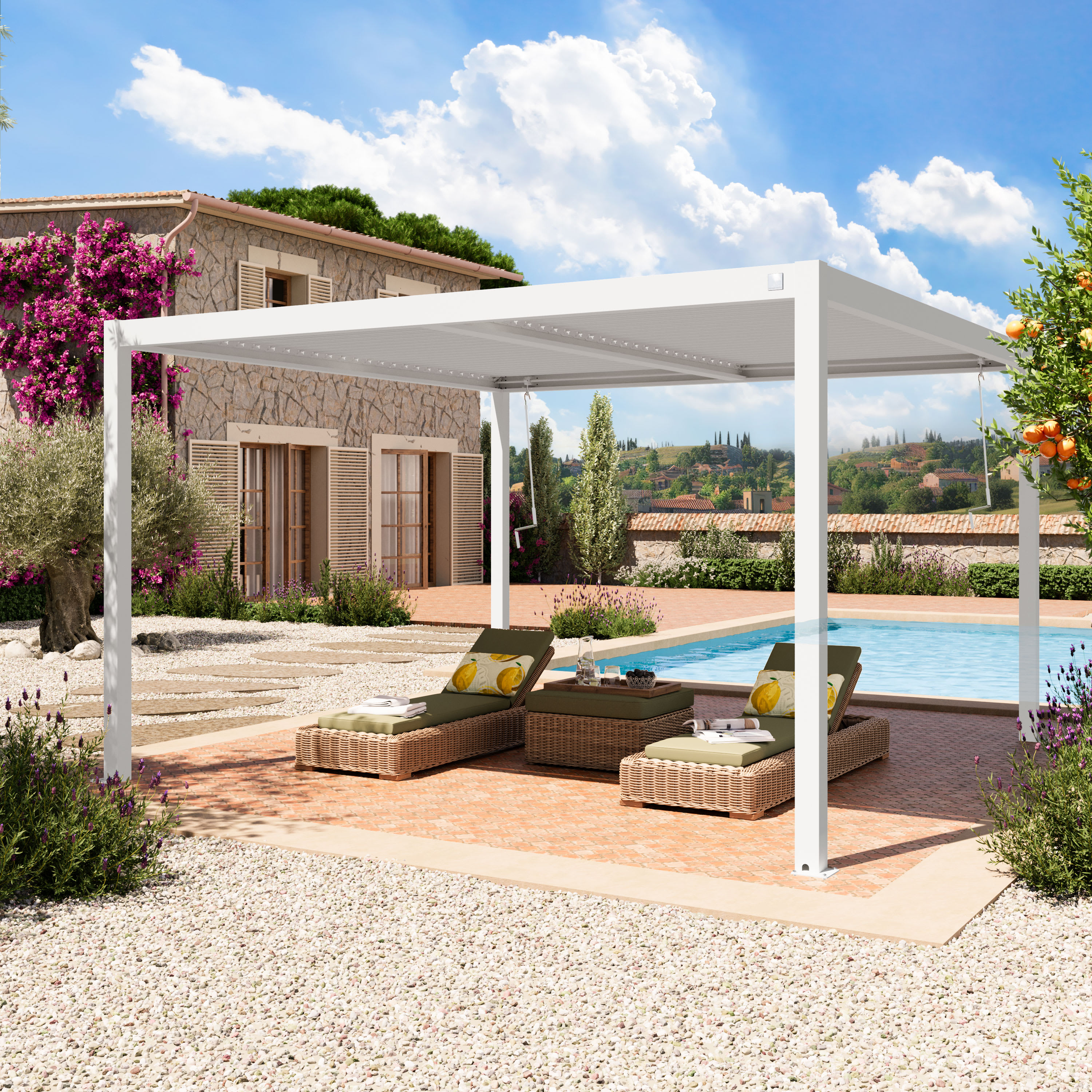 Pergola 4x4 m, lamellendak, wit