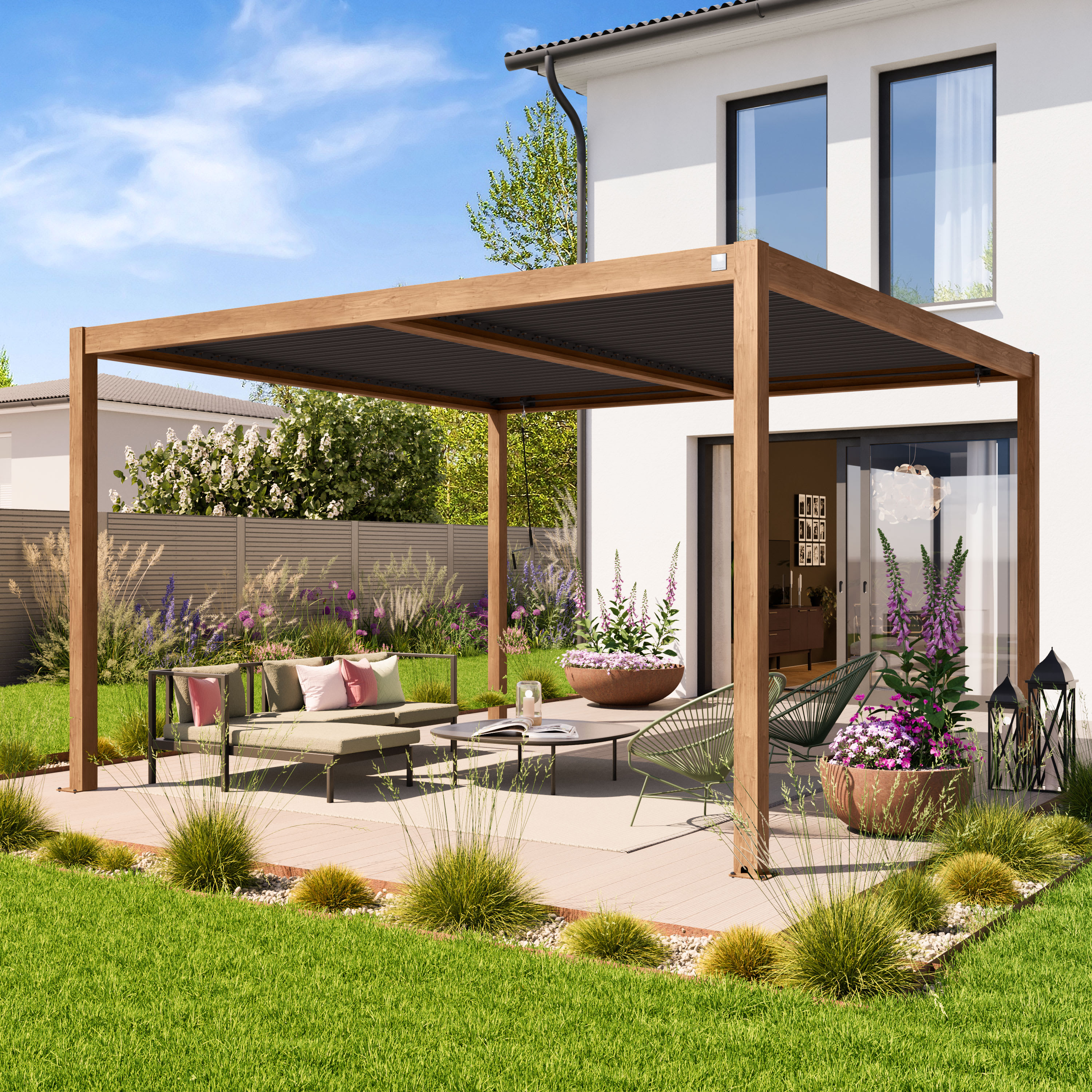 4x4m Pergola aspect bois, lames en anthracite orientables