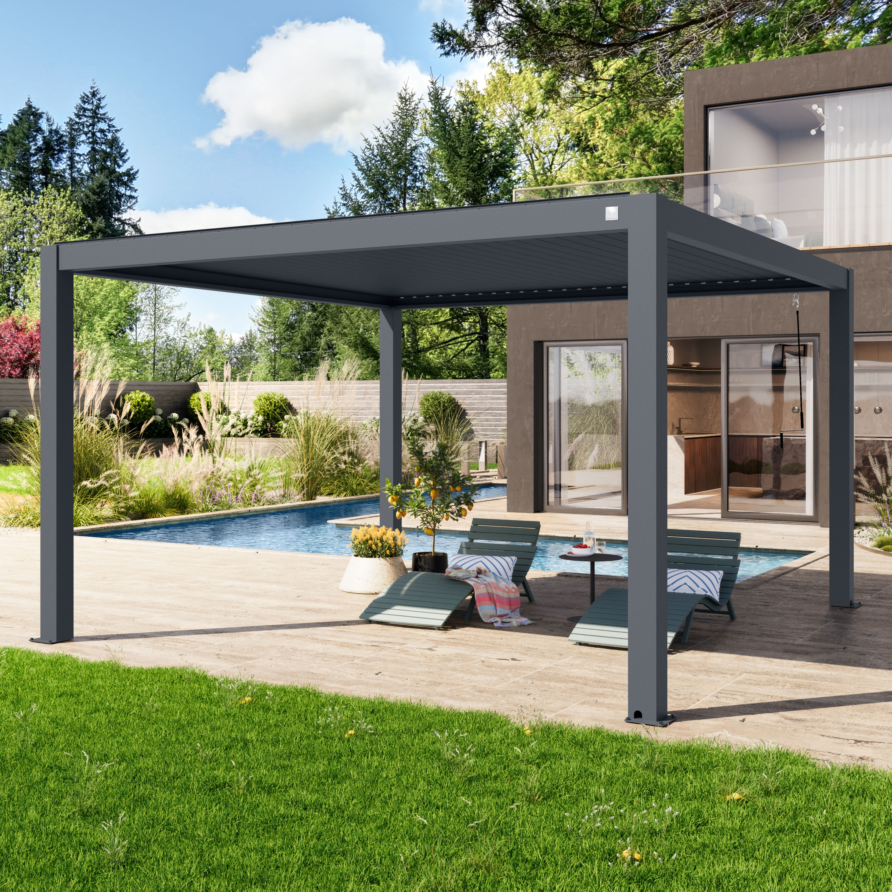 4x4m Pergola anthracite, lames en anthracite orientables