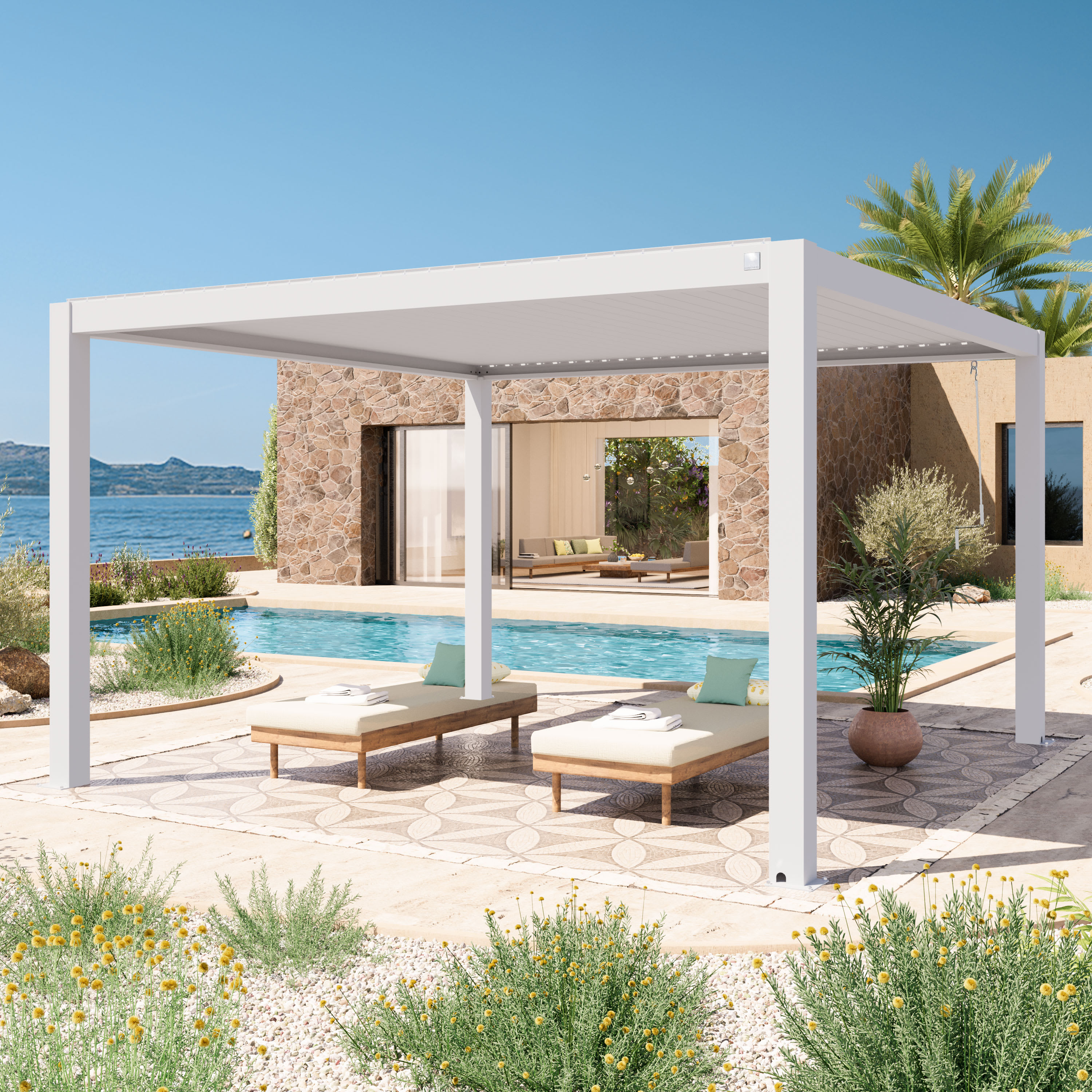 Pergola 4x4 m, lamellendak, wit