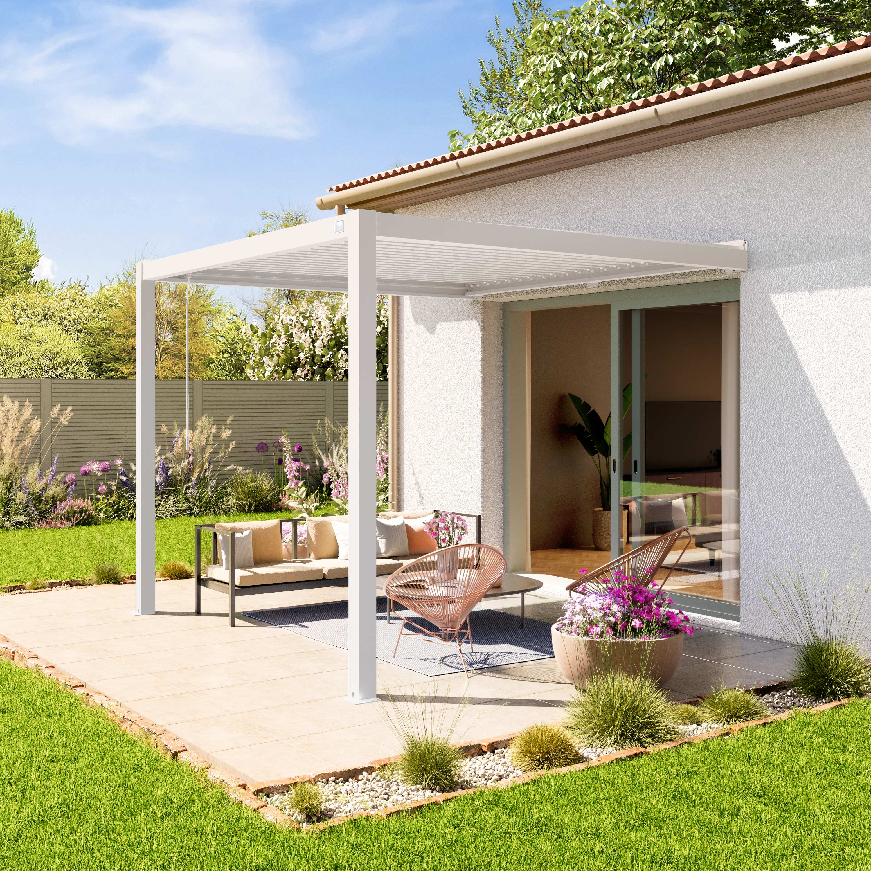 PRIMEYARD 3x3 Anbaupergola in weiß, mit Lamellendach in weiß - (400138)