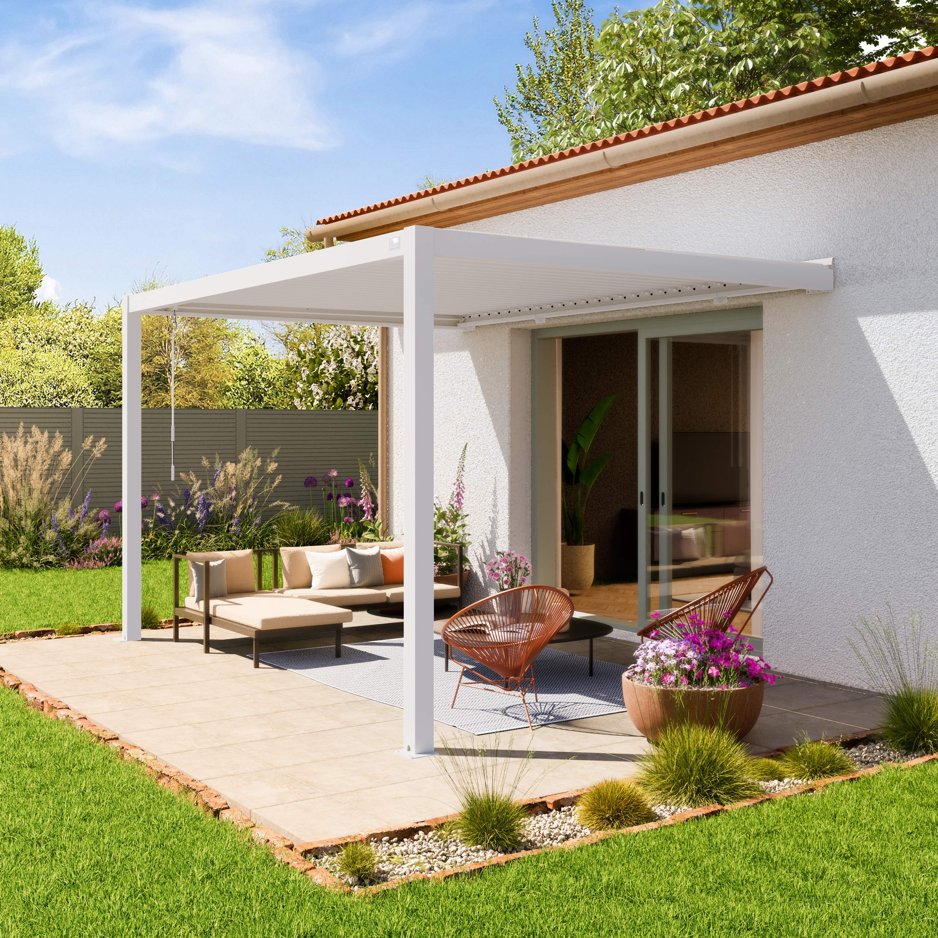 PRIMEYARD 3x4 Anbaupergola in weiß, mit Lamellendach in weiß - (400139)