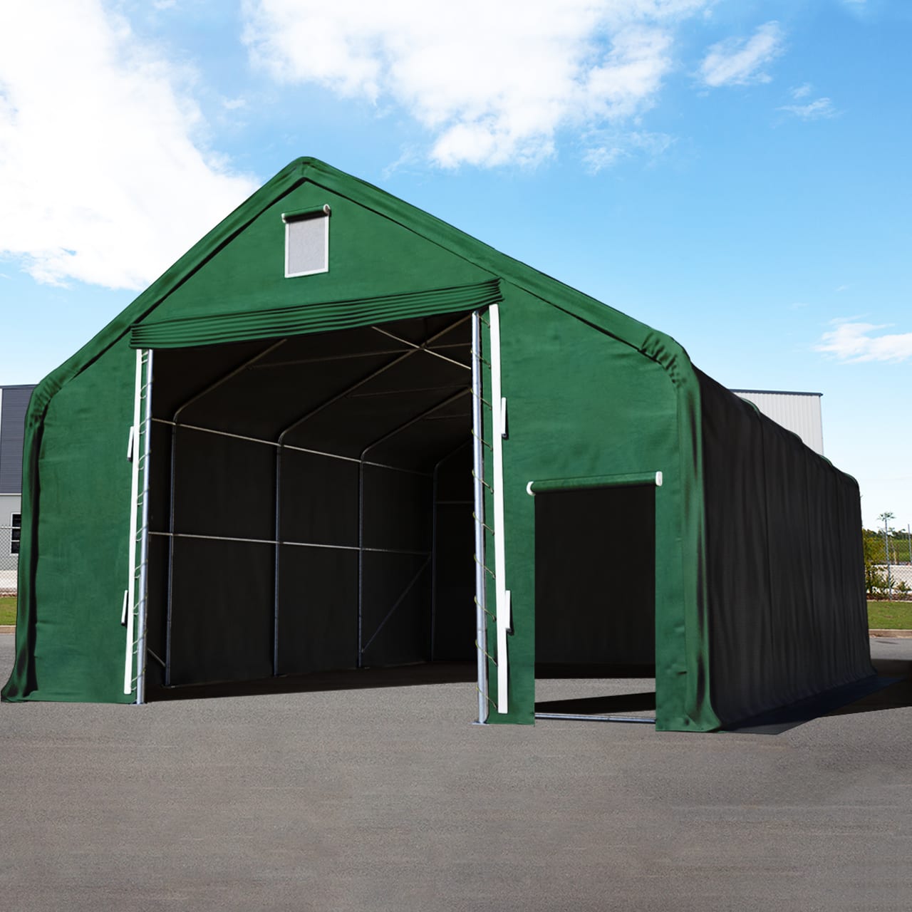 8x8m Tälthall mörkgrön PVC 2300 PVC Hallar, Industritält, Byggtält