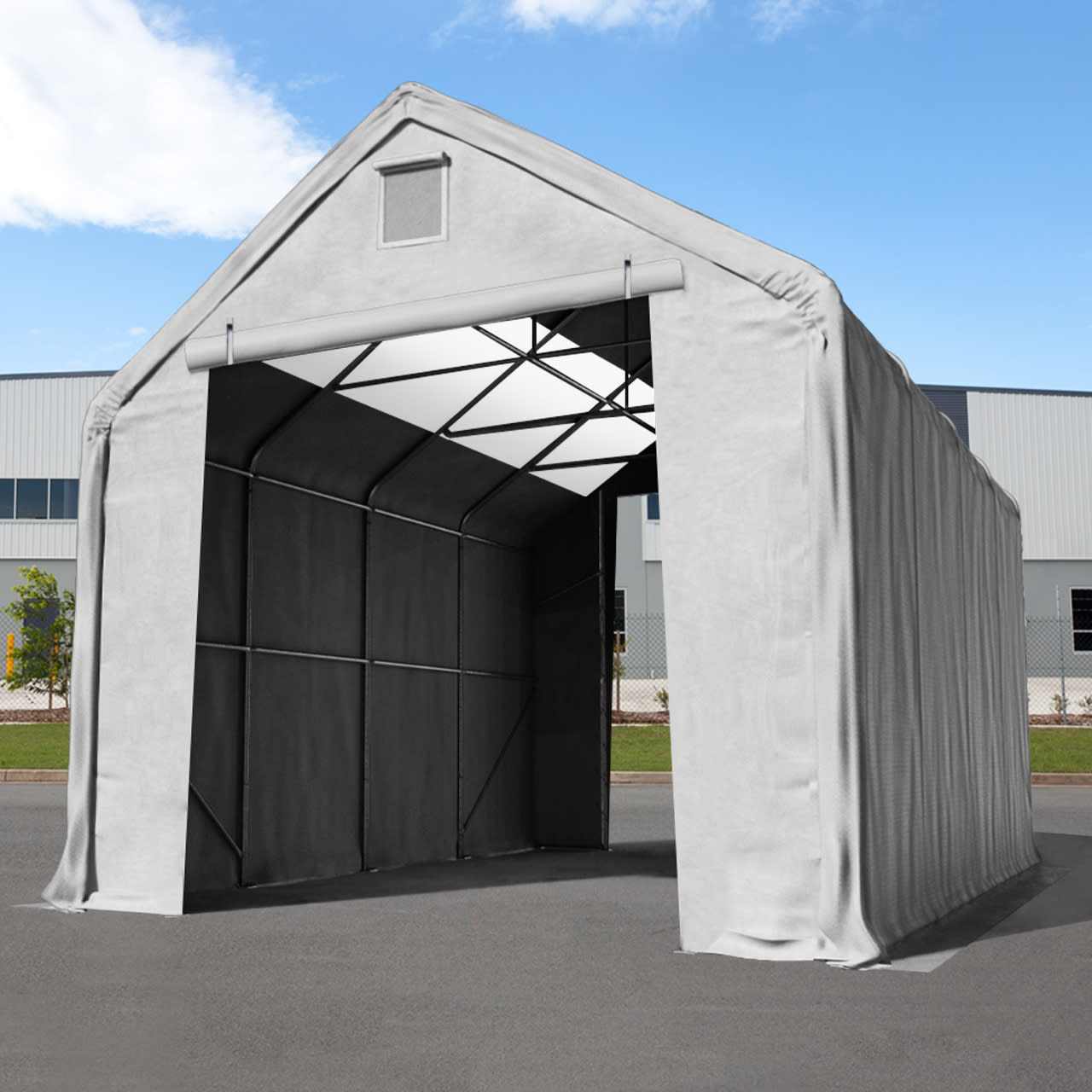 5x10m Pressuhalli harmaa PVC 2300 Telttahalli, Teollisuushalli