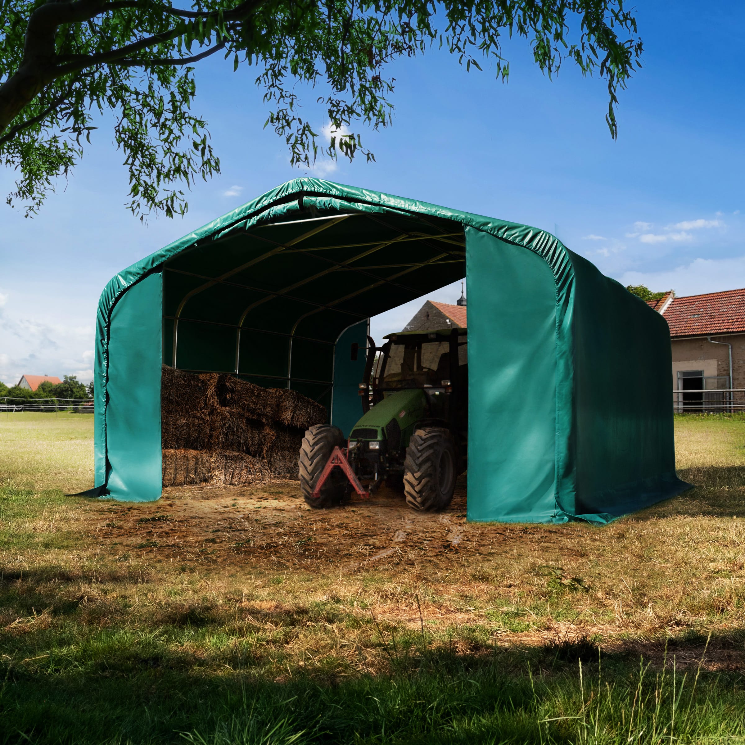 6x6m Abri tunnel vert foncé PVC 850 Abri chevaux, Abri agricole, Abri animaux, Abri foin, Abri prairie, Tente de pâturage