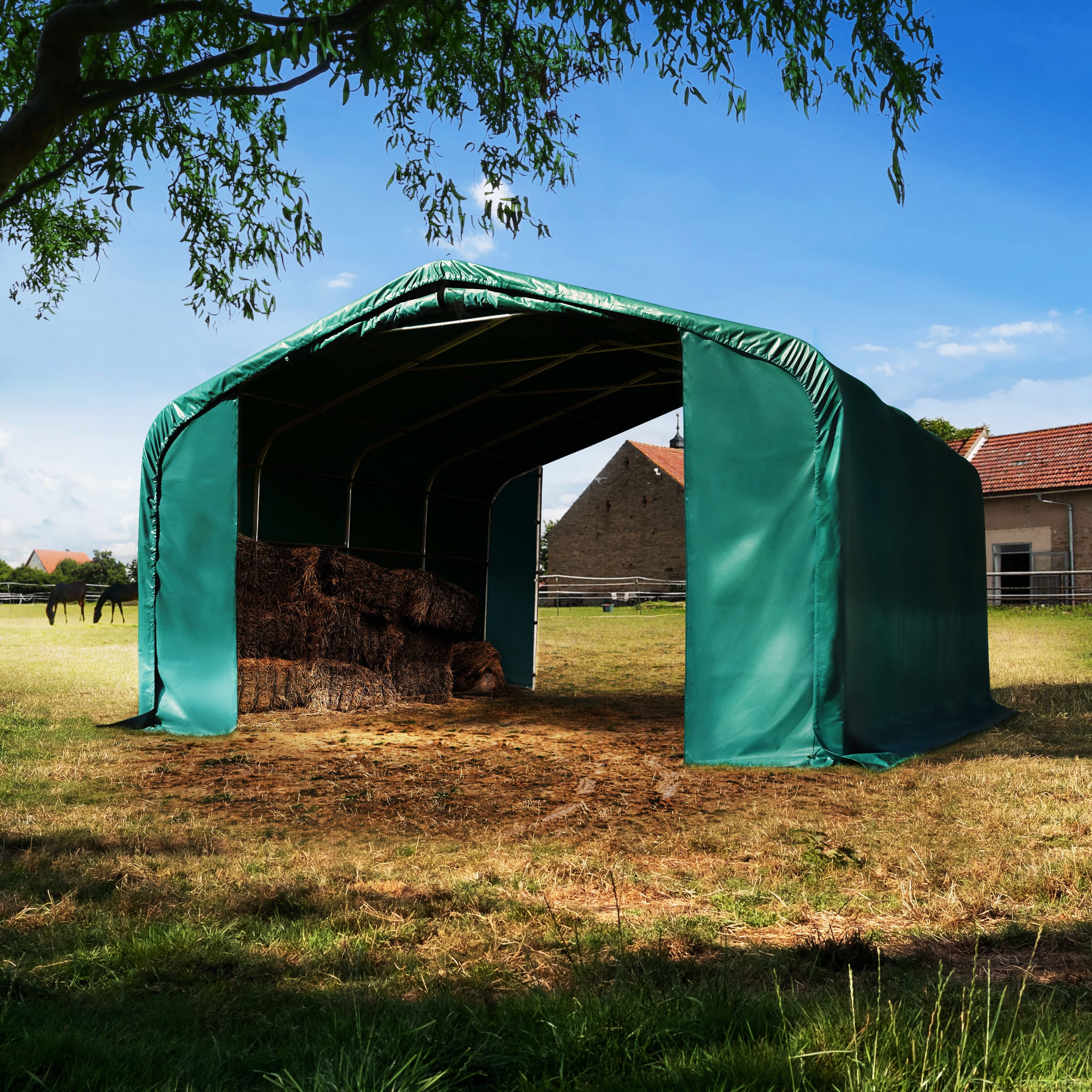 6x6m Abri tunnel vert foncé PVC 2300 Abri chevaux, Abri agricole, Abri animaux, Abri foin, Abri prairie, Tente de pâturage