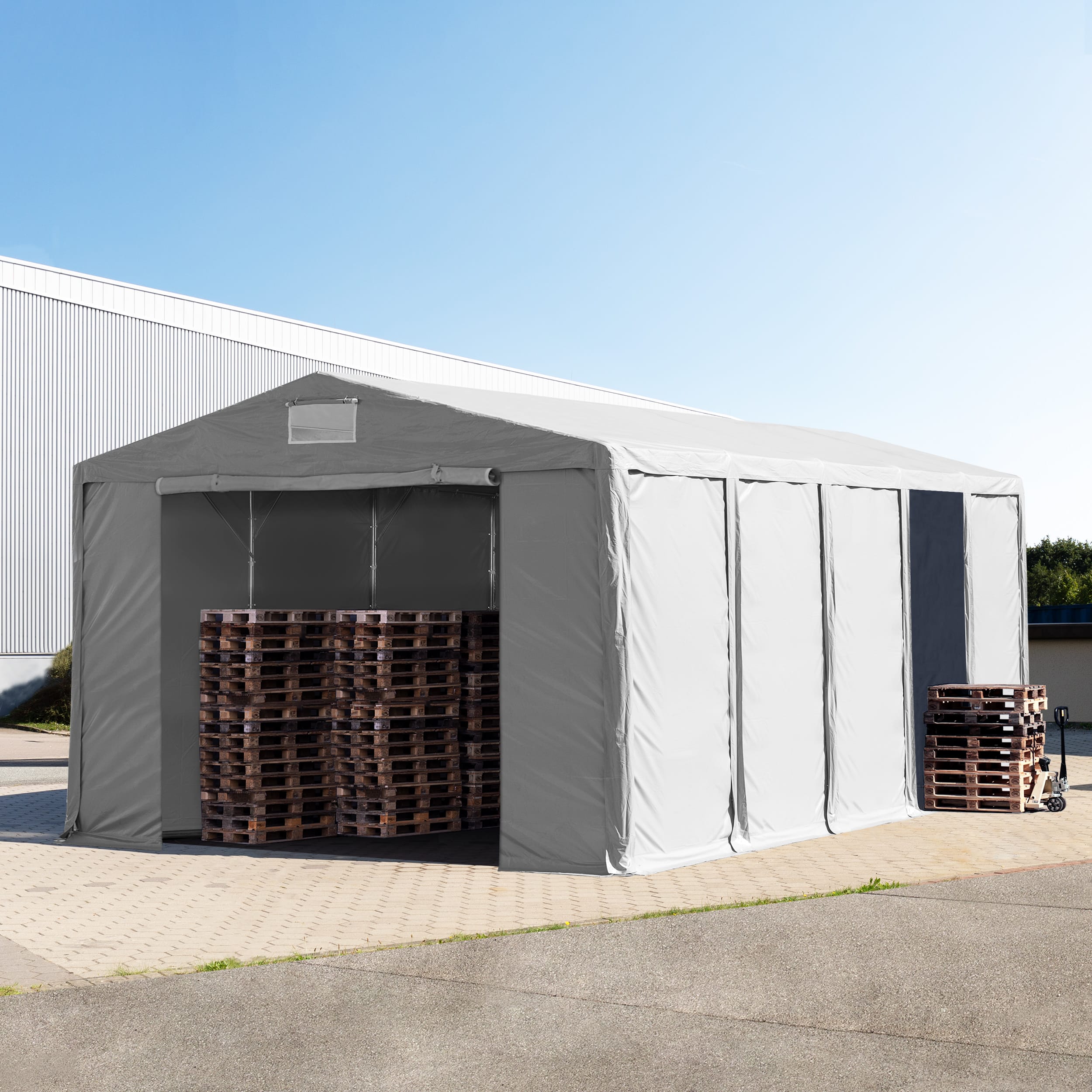 8x10m Lagerzelt grau PVC 850 Unterstand Gerätezelt, Bauzelt