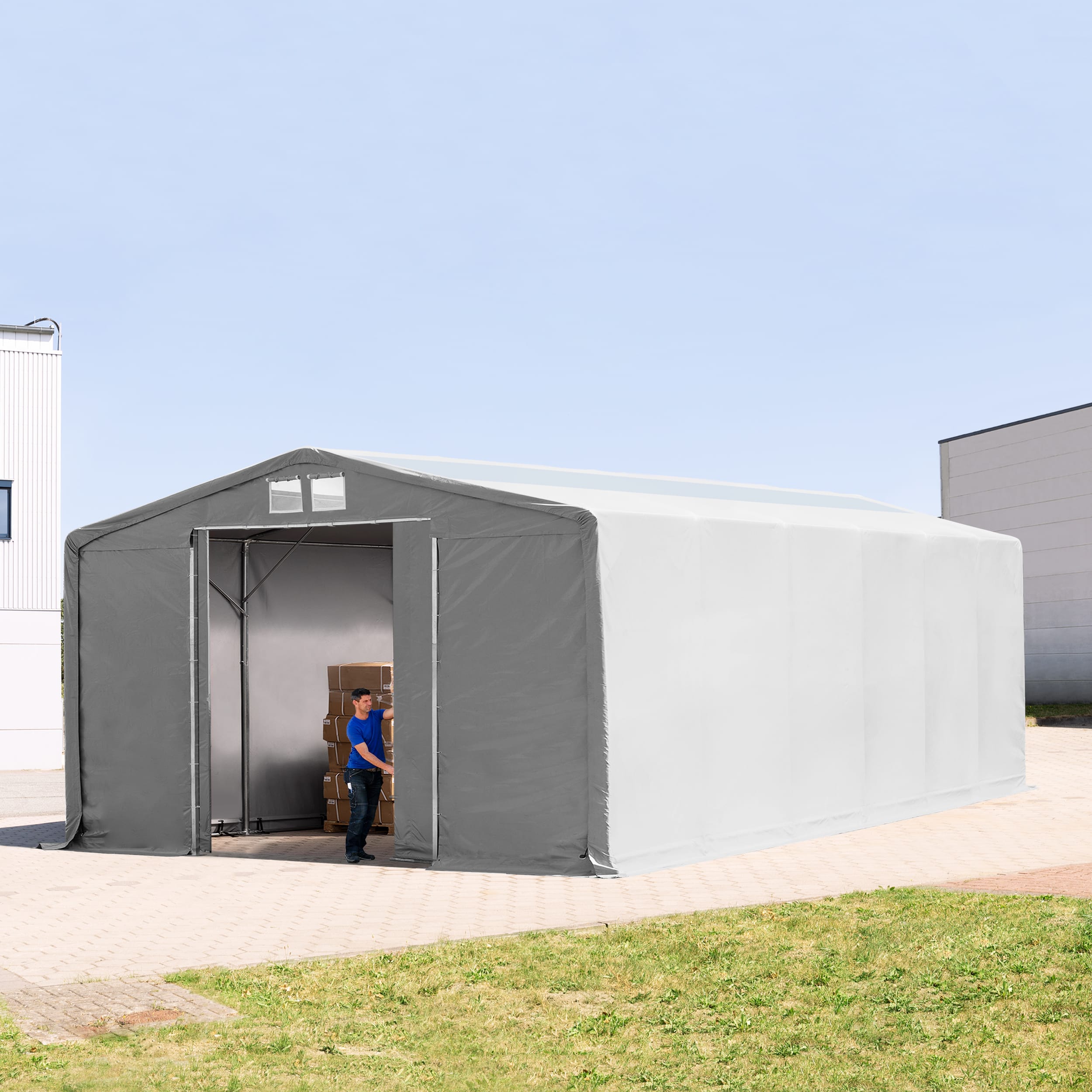 8x12m Zelthalle grau PVC 2300 Industriezelt, Lagerhalle