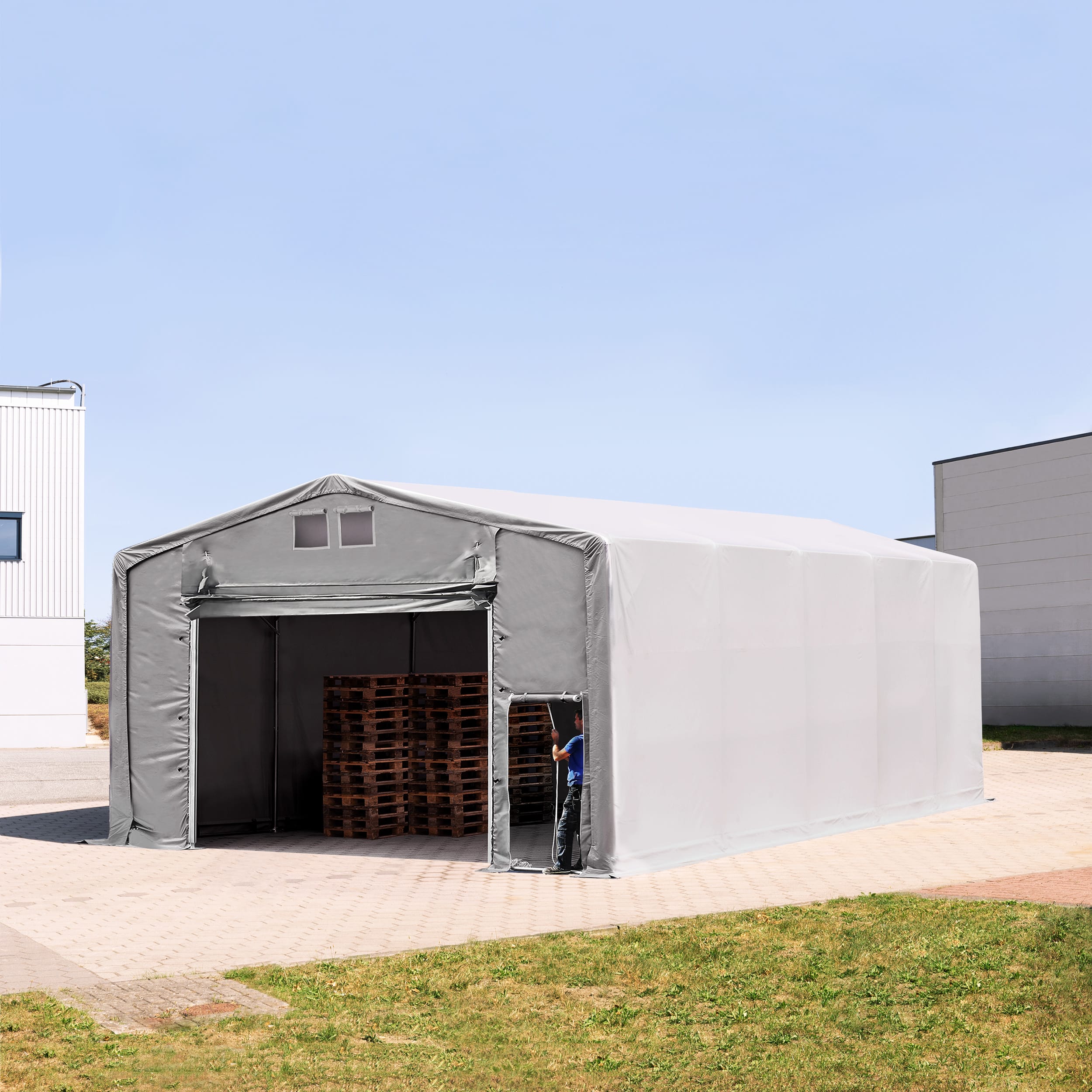 8x10m Zelthalle grau PVC 850 Industriezelt, Lagerhalle