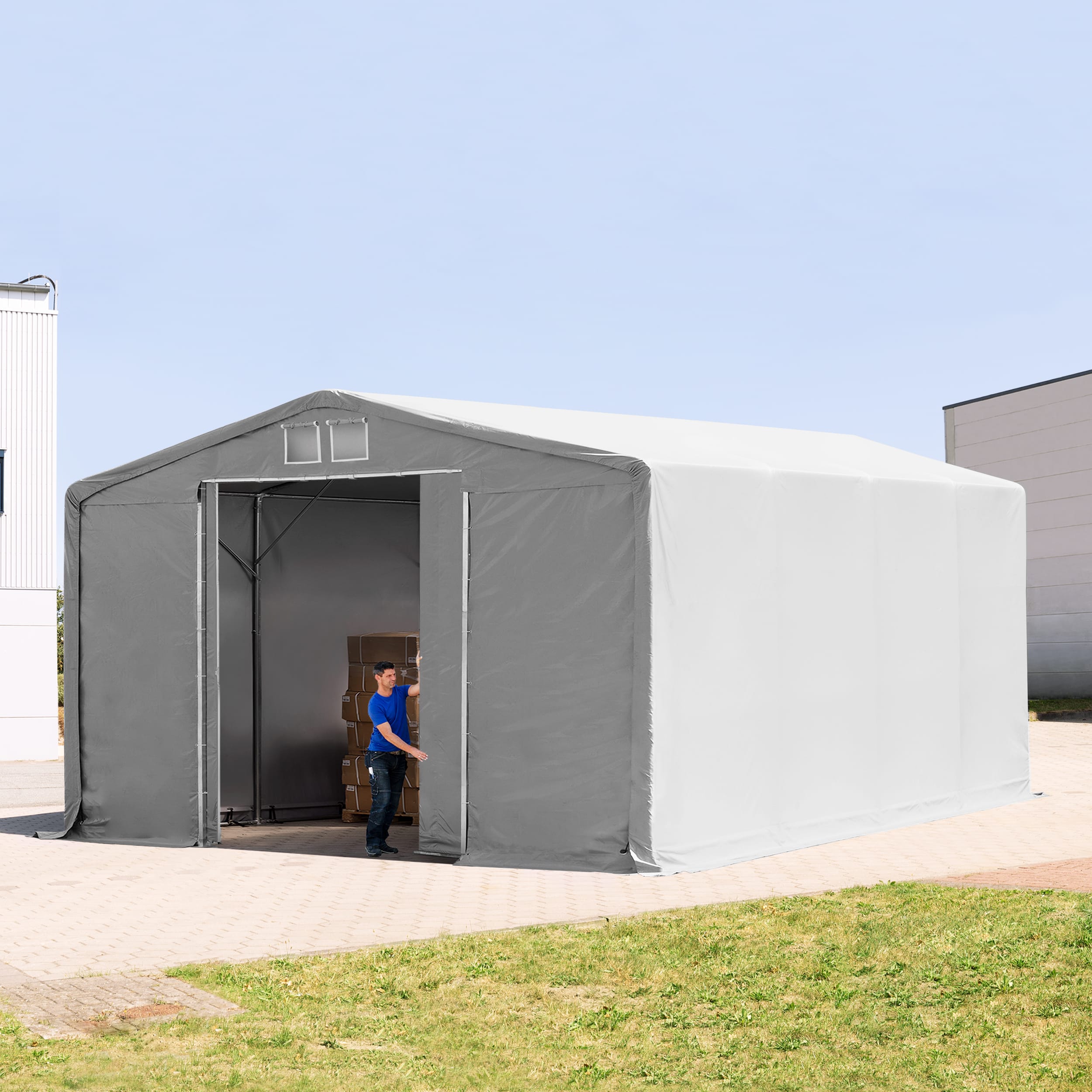 8x8m Pressuhalli harmaa PVC 2300 Telttahalli, Teollisuushalli