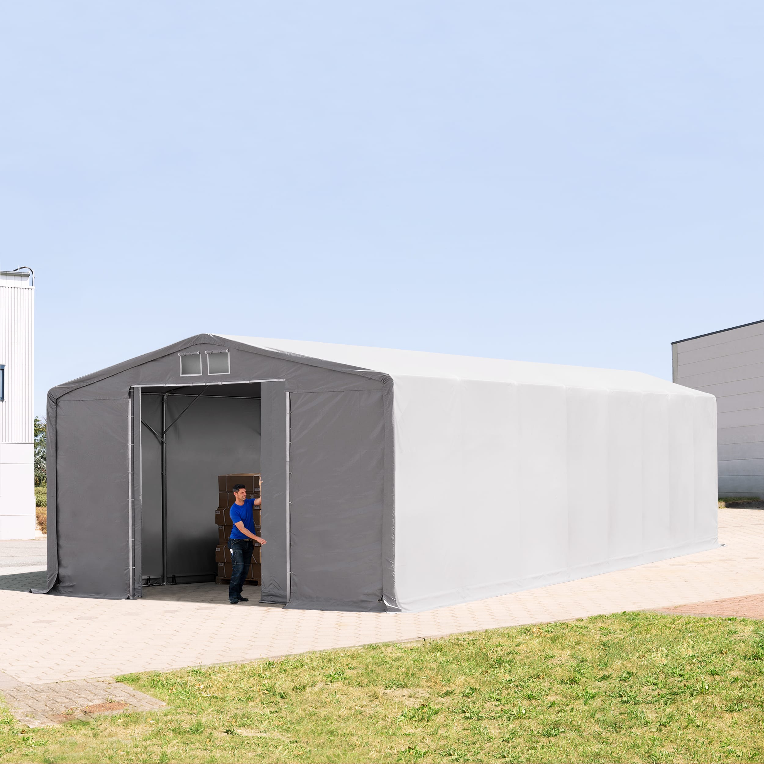 8x16m Pressuhalli harmaa PVC 2300 Telttahalli, Teollisuushalli