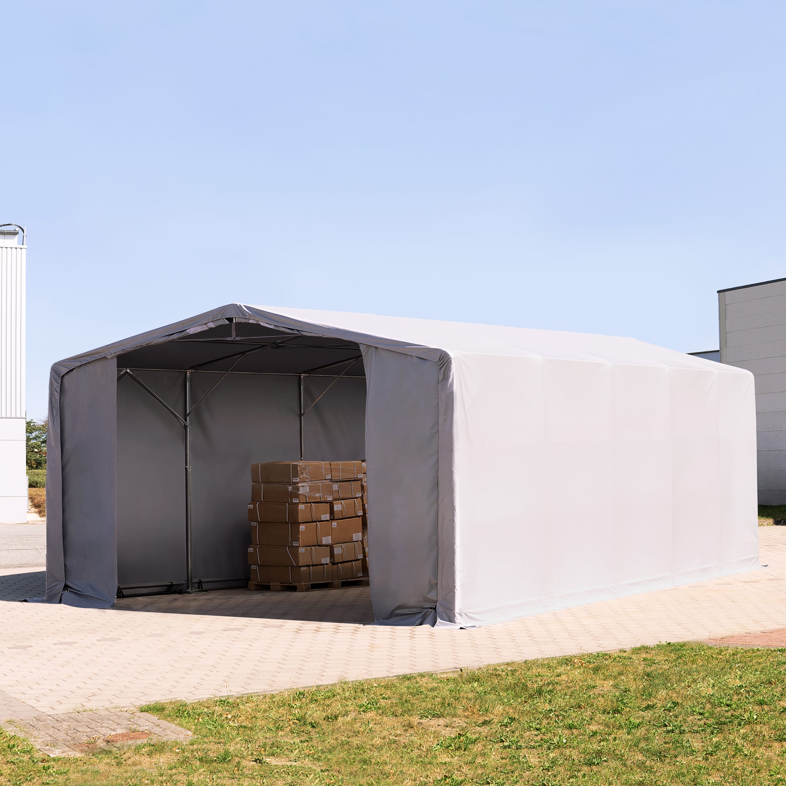 8x10m Zelthalle grau PVC 850 Industriezelt, Lagerhalle