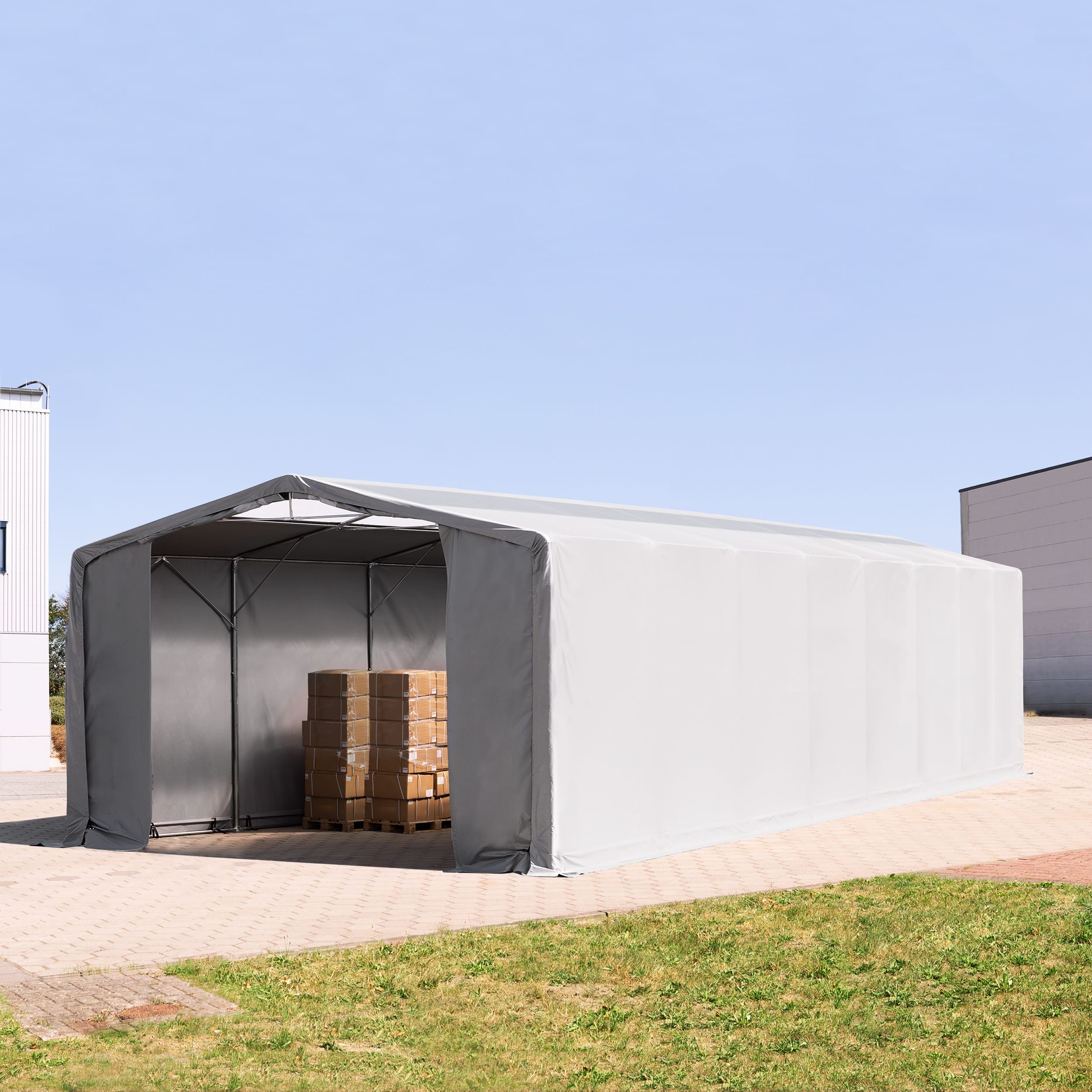 8x16m Pressuhalli harmaa PVC 2300 Telttahalli, Teollisuushalli