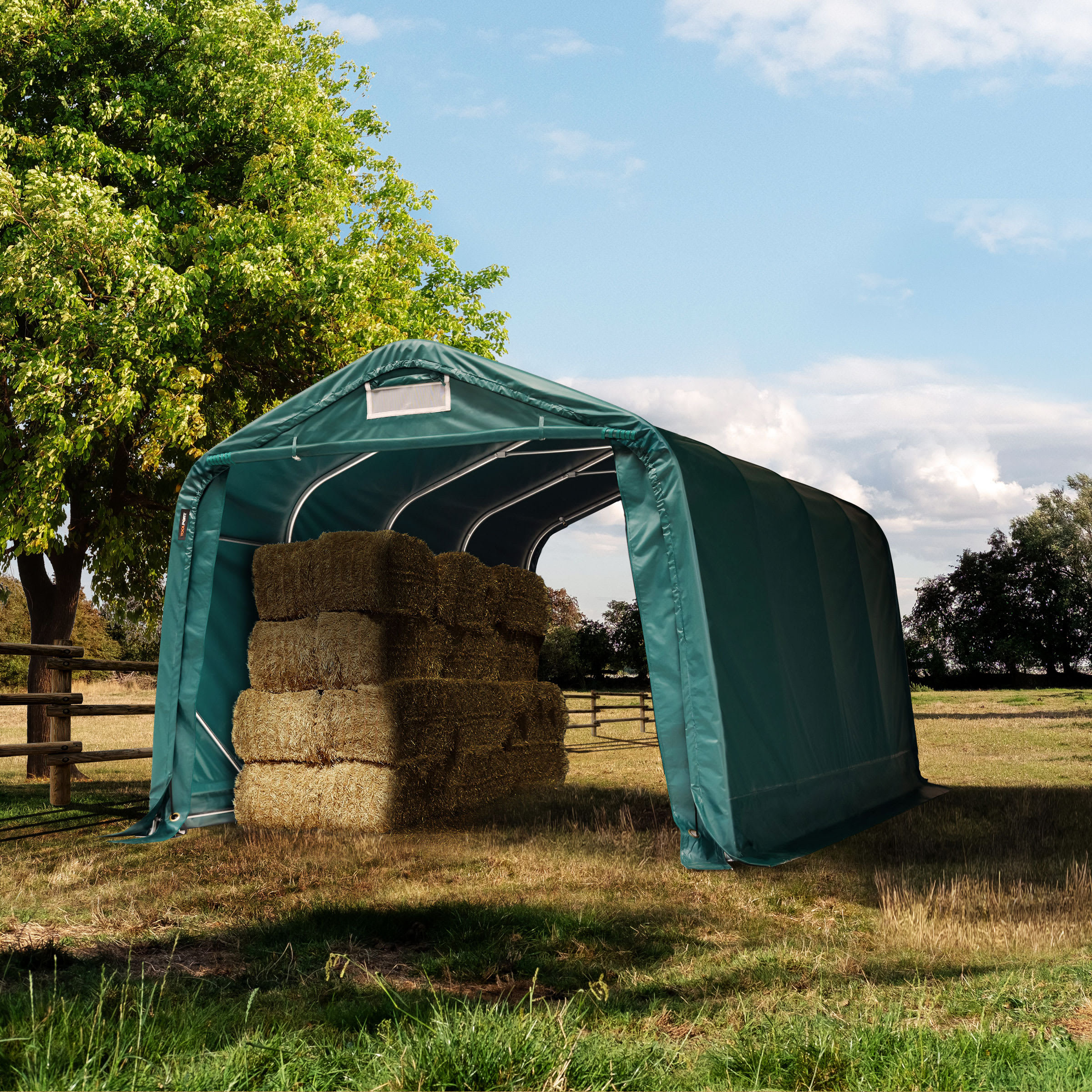 3,3x4,8m Abri tunnel vert foncé PVC 2300 Abri chevaux, Abri agricole, Abri animaux, Abri foin, Abri prairie, Tente de pâturage