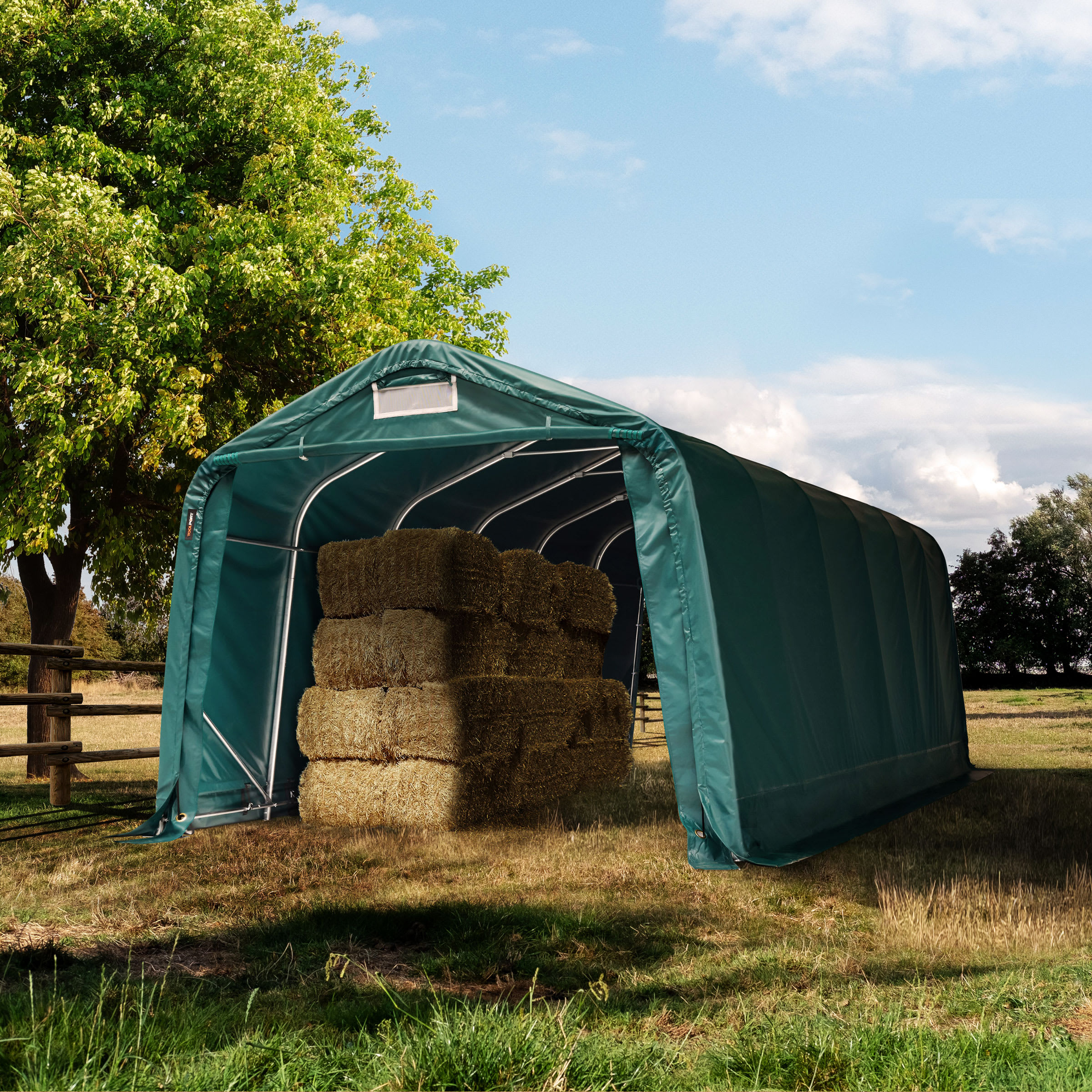3,3x7,2m Abri tunnel vert foncé PVC 800 Abri chevaux, Abri agricole, Abri animaux, Abri foin, Abri prairie, Tente de pâturage
