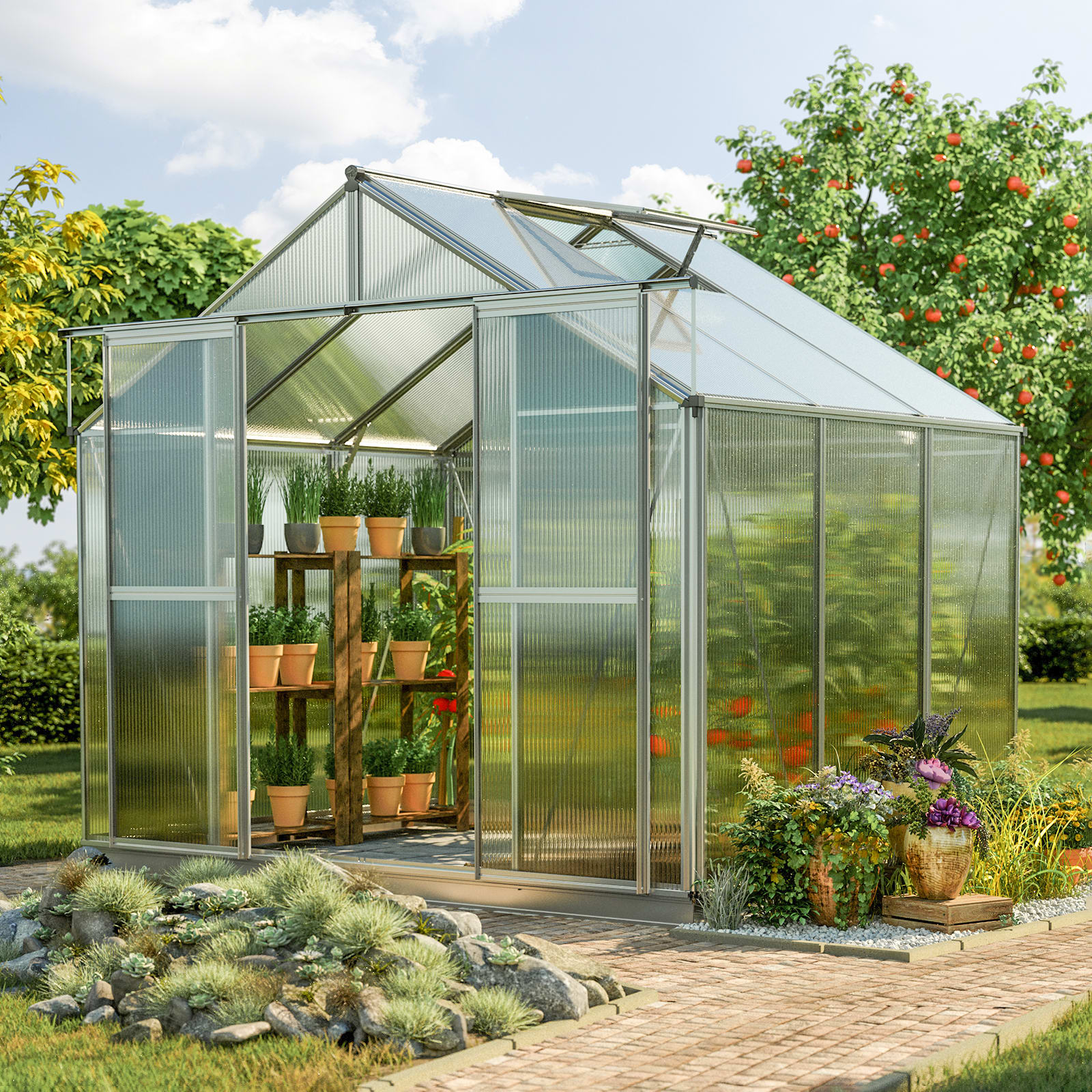 2,25x1,95x2,13 m Serre de jardin aluminium naturel polycarbonate Serre en verre