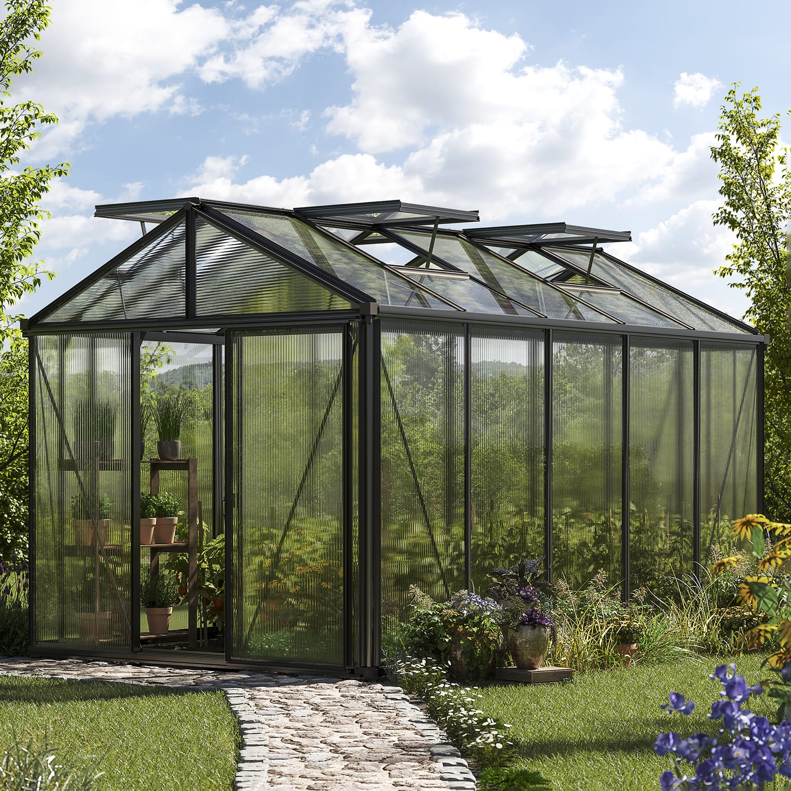 2,35x3,85x2,5 m Gewächshaus anthrazit Polycarbonat Glashaus, Treibhaus