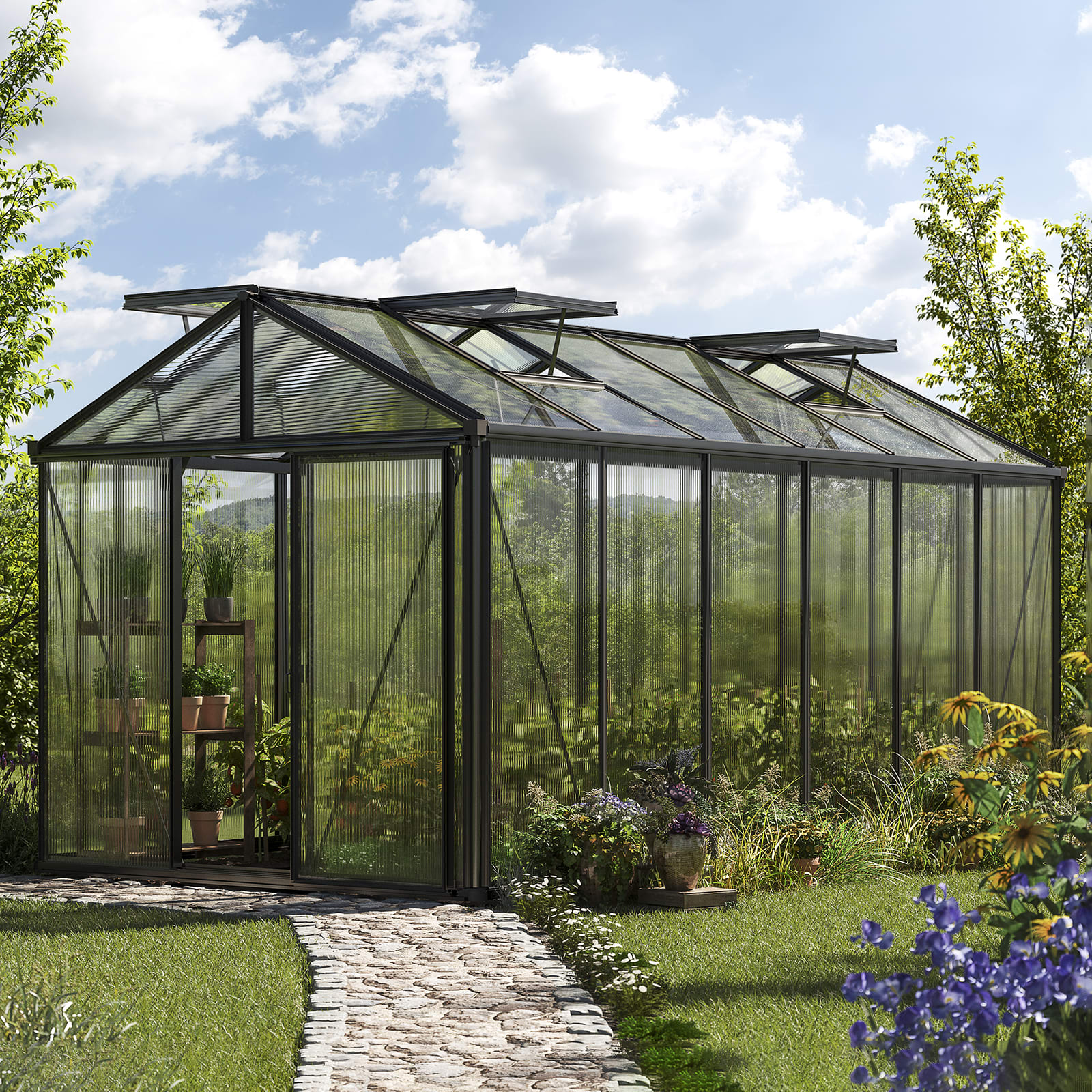 2,35x4,60x2,50 m Serre de jardin anthracite polycarbonate Serre en verre