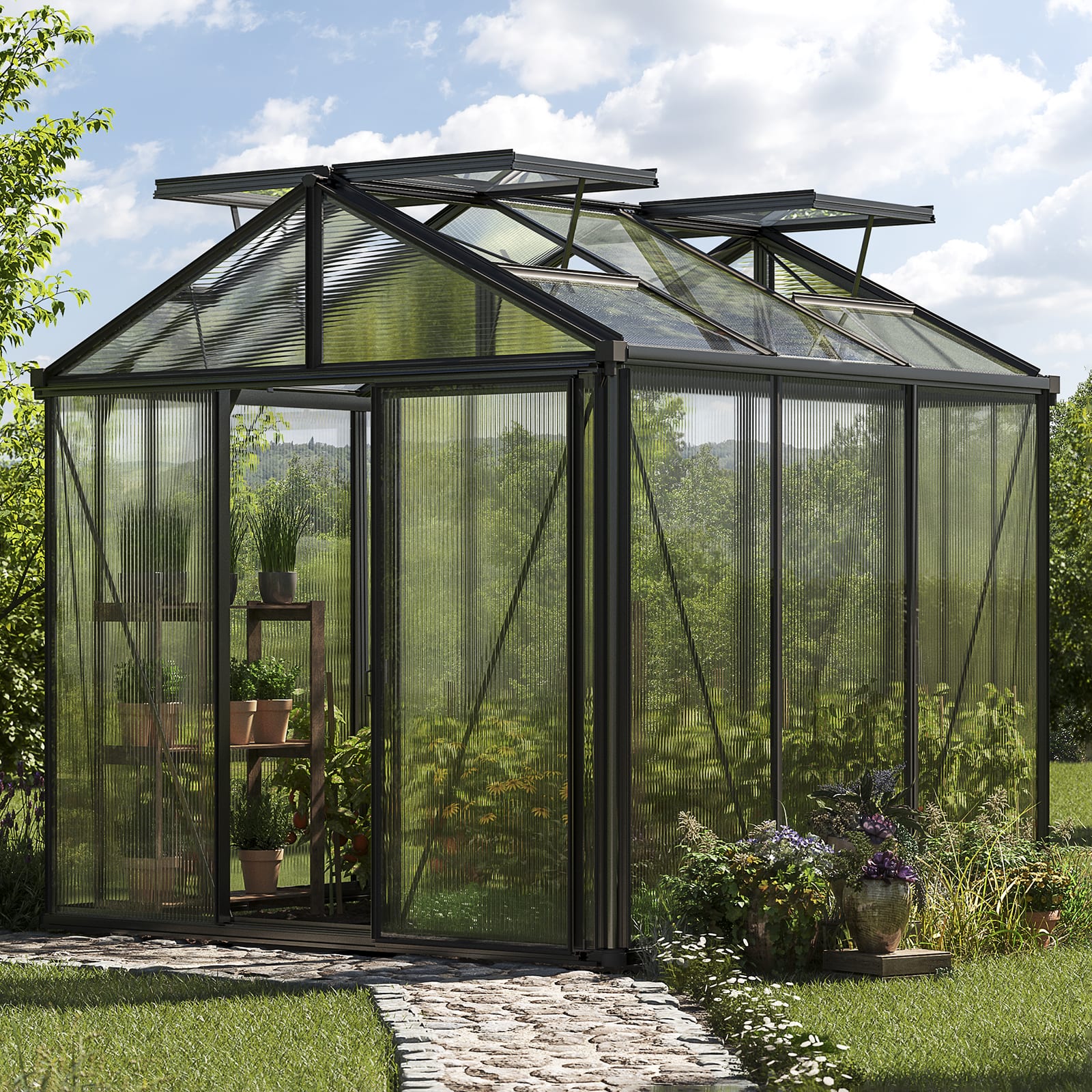 2,35x2,35x2,50 m Serre de jardin anthracite polycarbonate Serre en verre