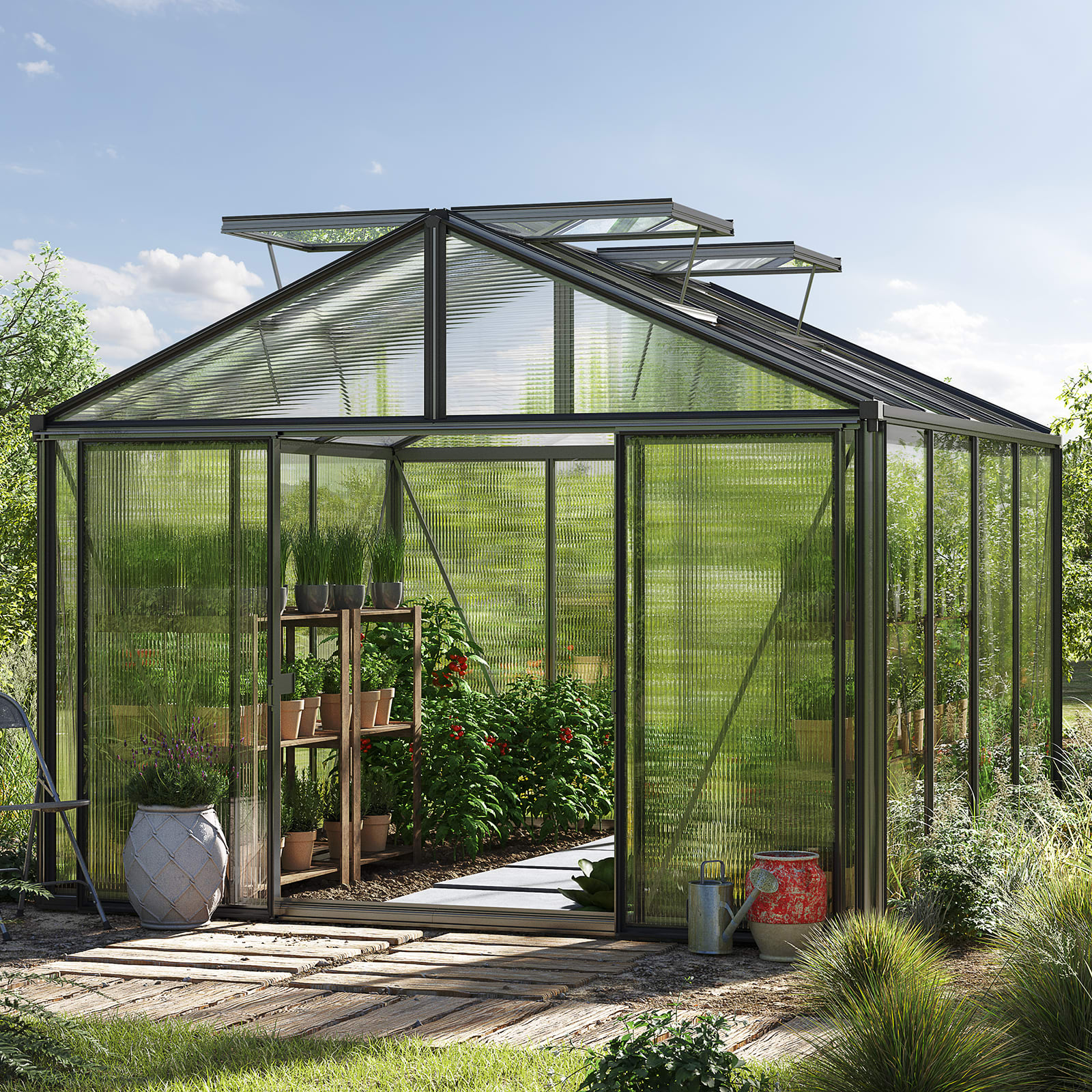 3,11x3,11x2,63 m Gewächshaus anthrazit Polycarbonat Glashaus, Treibhaus