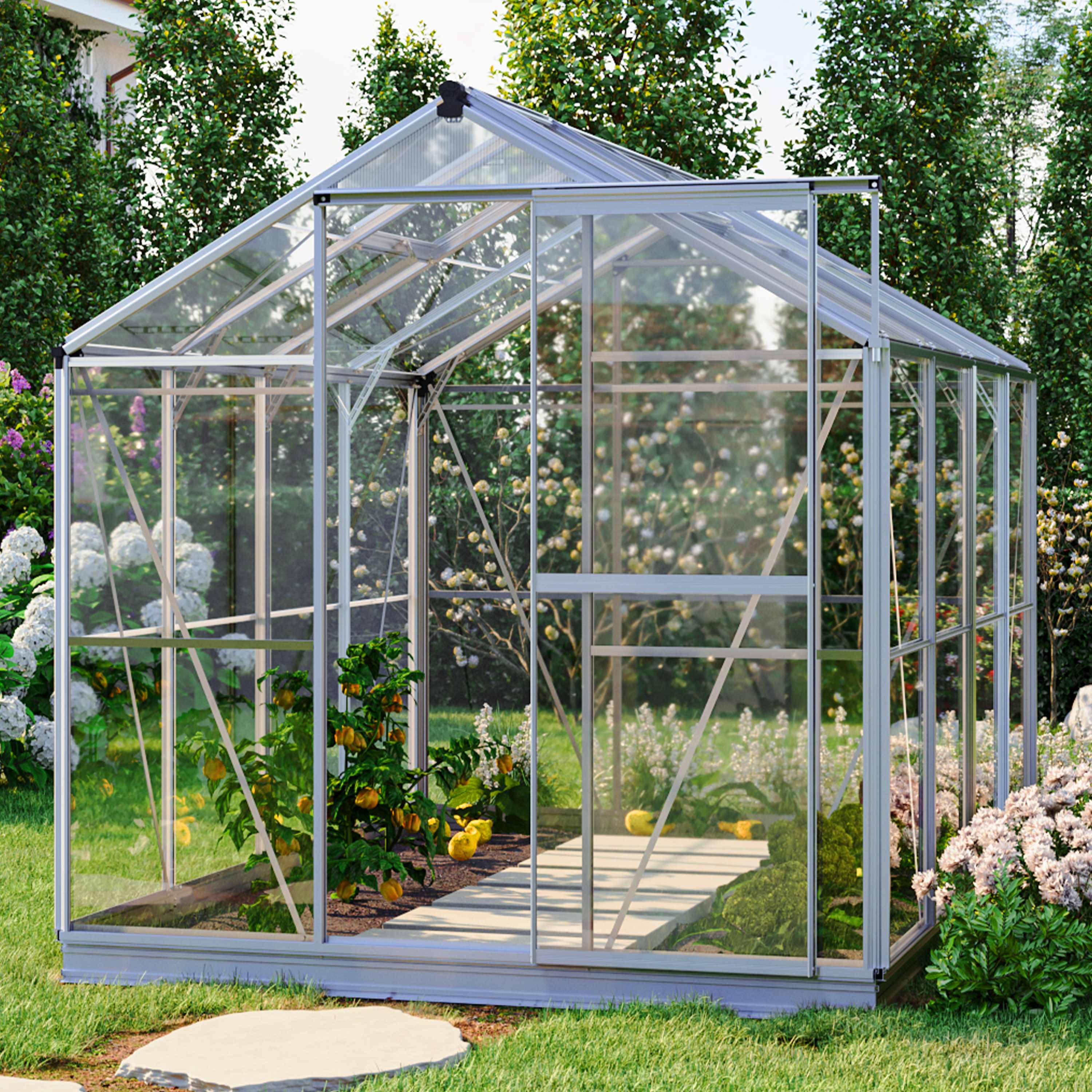 1,92x2,56x1,92 m Serre de jardin aluminium naturel Verre trempé sécurit Serre en verre