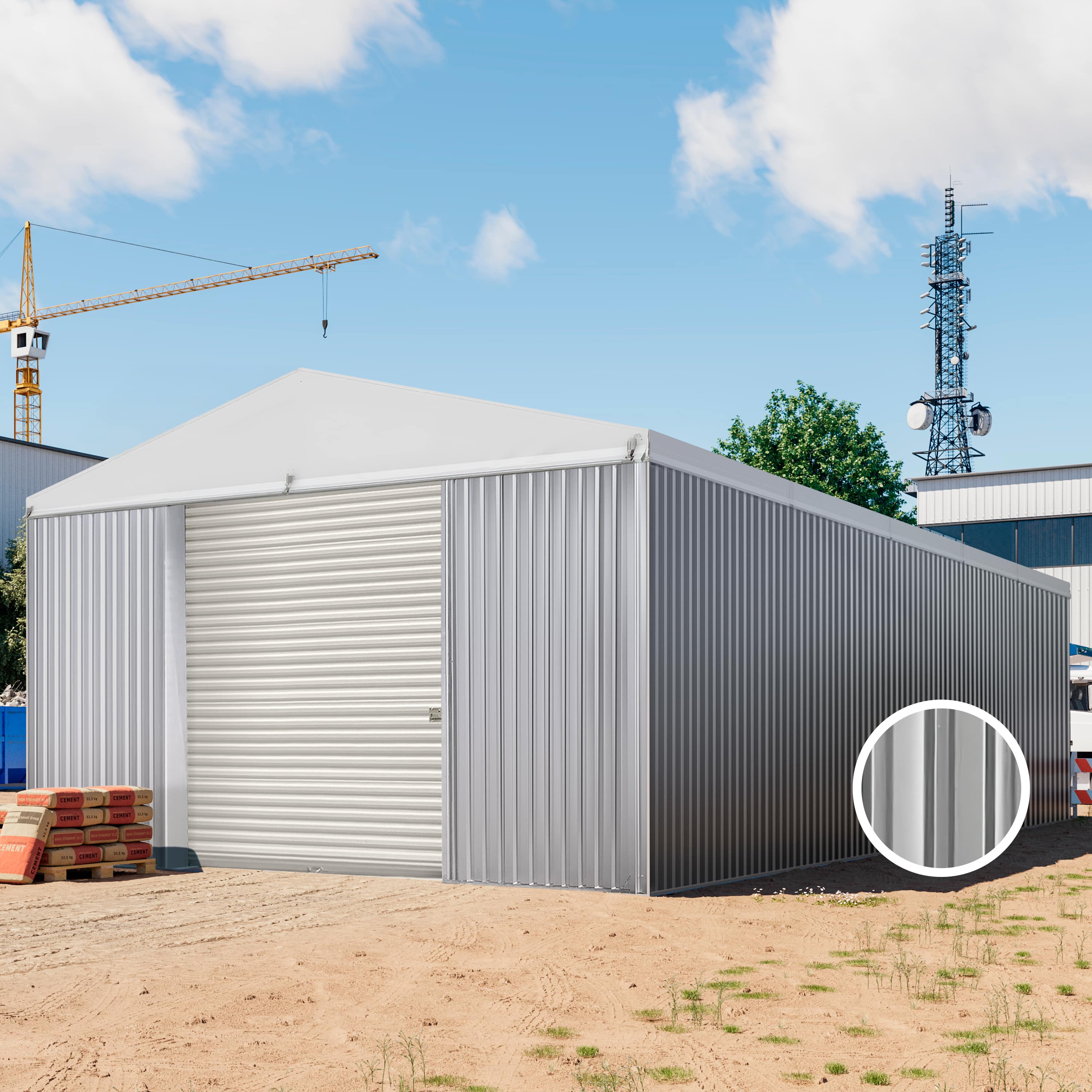 TOM BUILDER 6,02 x 14,42 m VALOR, Stahldach, Leichtbauhalle, Trapezblechverkleidung, Grau, mit Statik (Erduntergrund) - (KROV00033)