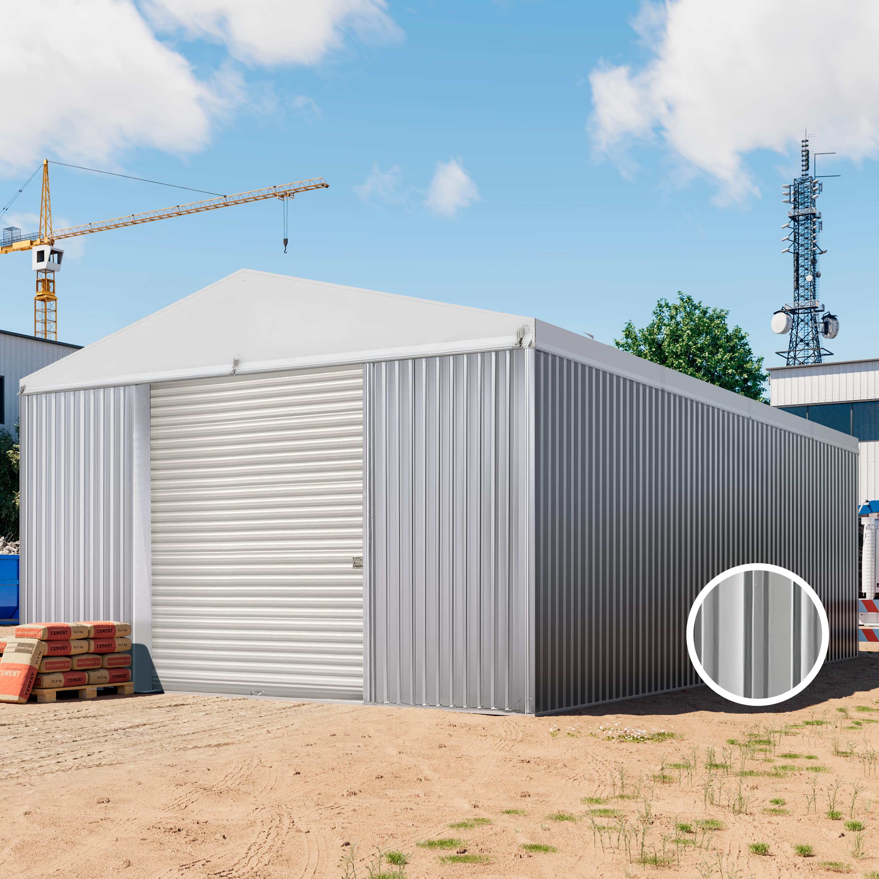 TOM BUILDER 6,02 x 11,56 m VALOR, Stahldach, Leichtbauhalle, Trapezblechverkleidung, Grau, mit Statik (Erduntergrund) - (KROV00035)