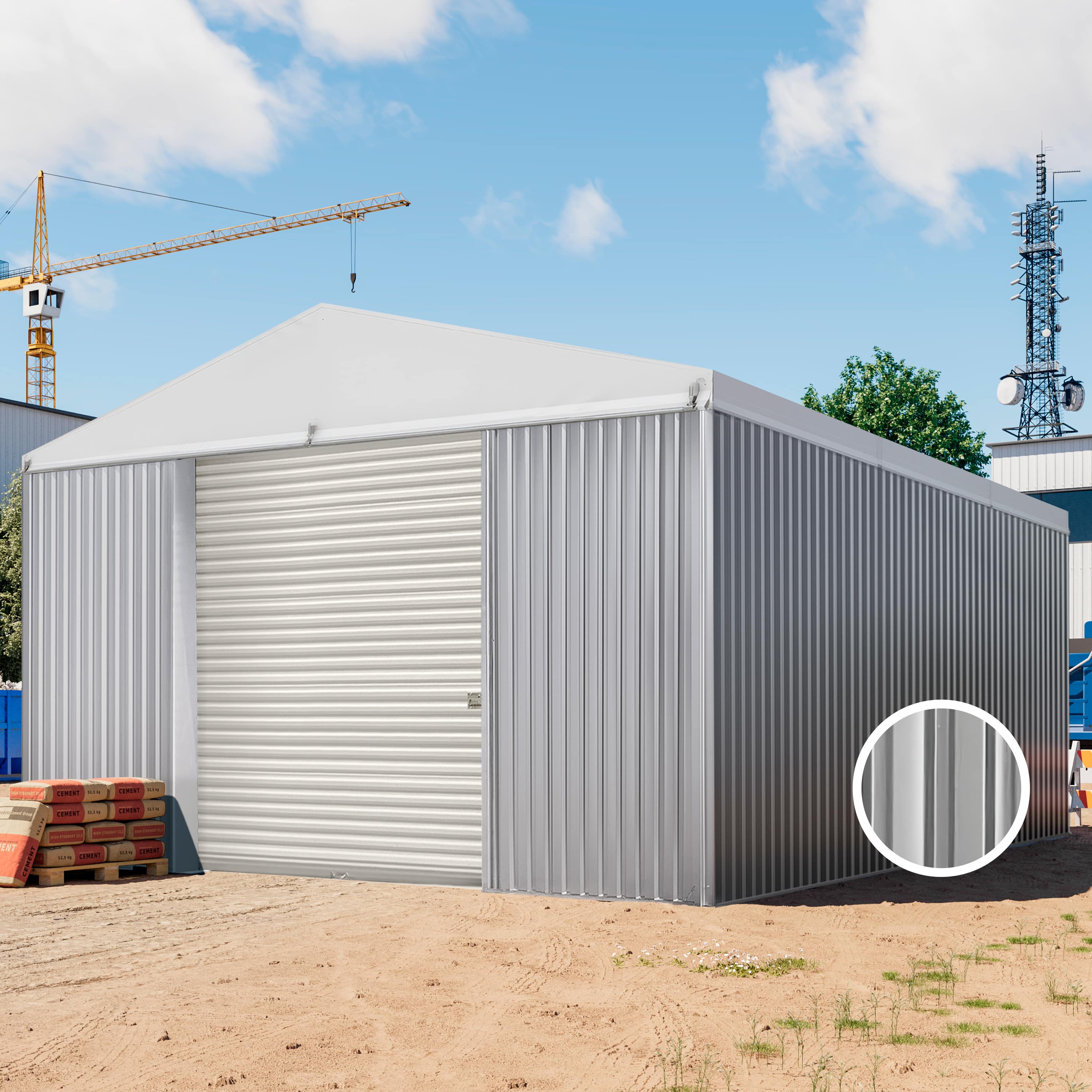 TOM BUILDER 6,02 x 8,69 m VALOR, Stahldach, Leichtbauhalle, Trapezblechverkleidung, Grau, mit Statik (Erduntergrund) - (KROV00037)