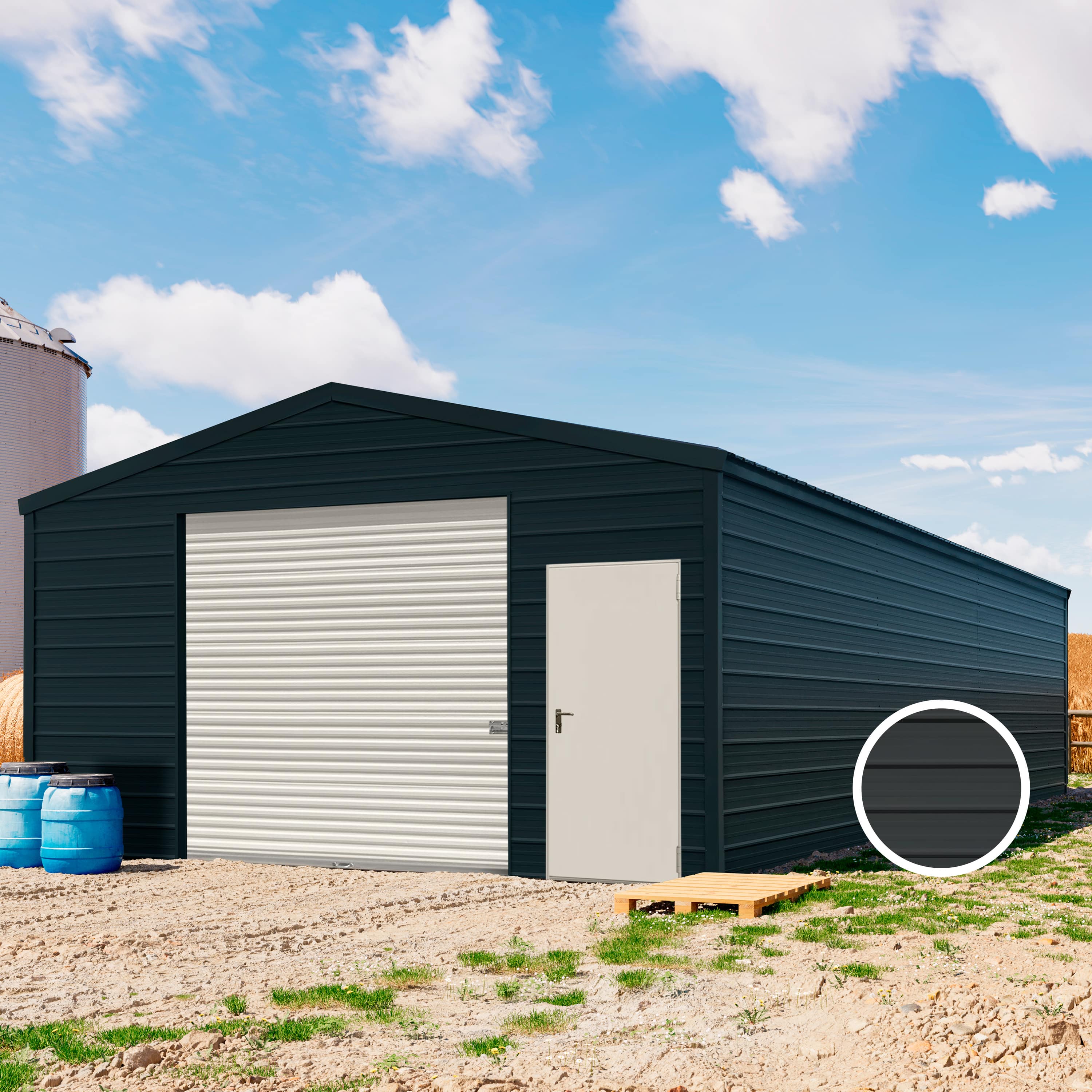 TOM BUILDER 5,7 x 12,2 m ARGO, Stahldach, Leichtbauhalle, Trapezblechverkleidung, Anthrazit, mit Statik (Erduntergrund), mit Motor - (KROV00049)