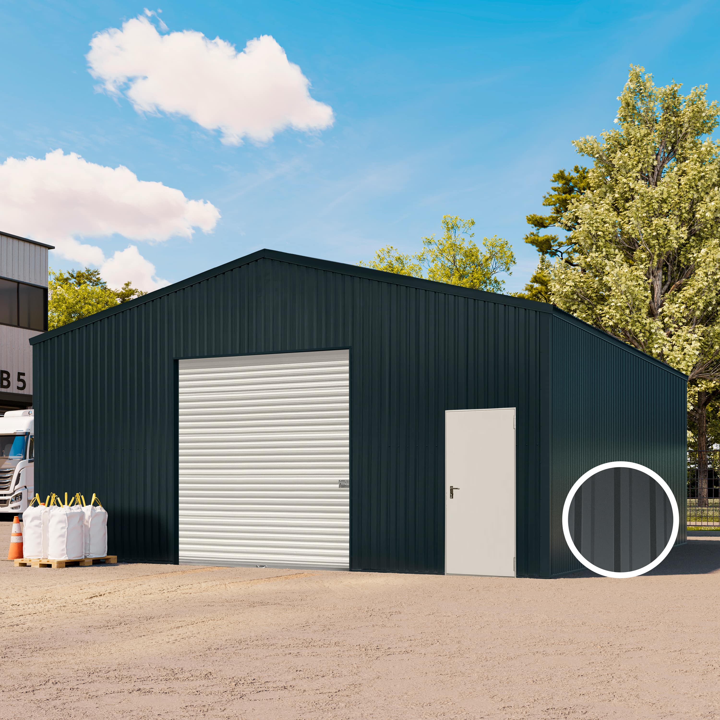 TOM BUILDER 8,19 x 8,68 m TITAN, Stahldach, Leichtbauhalle, Trapezblechverkleidung, Anthrazit, mit Statik (Erduntergrund), mit Motor - (KROV00057)