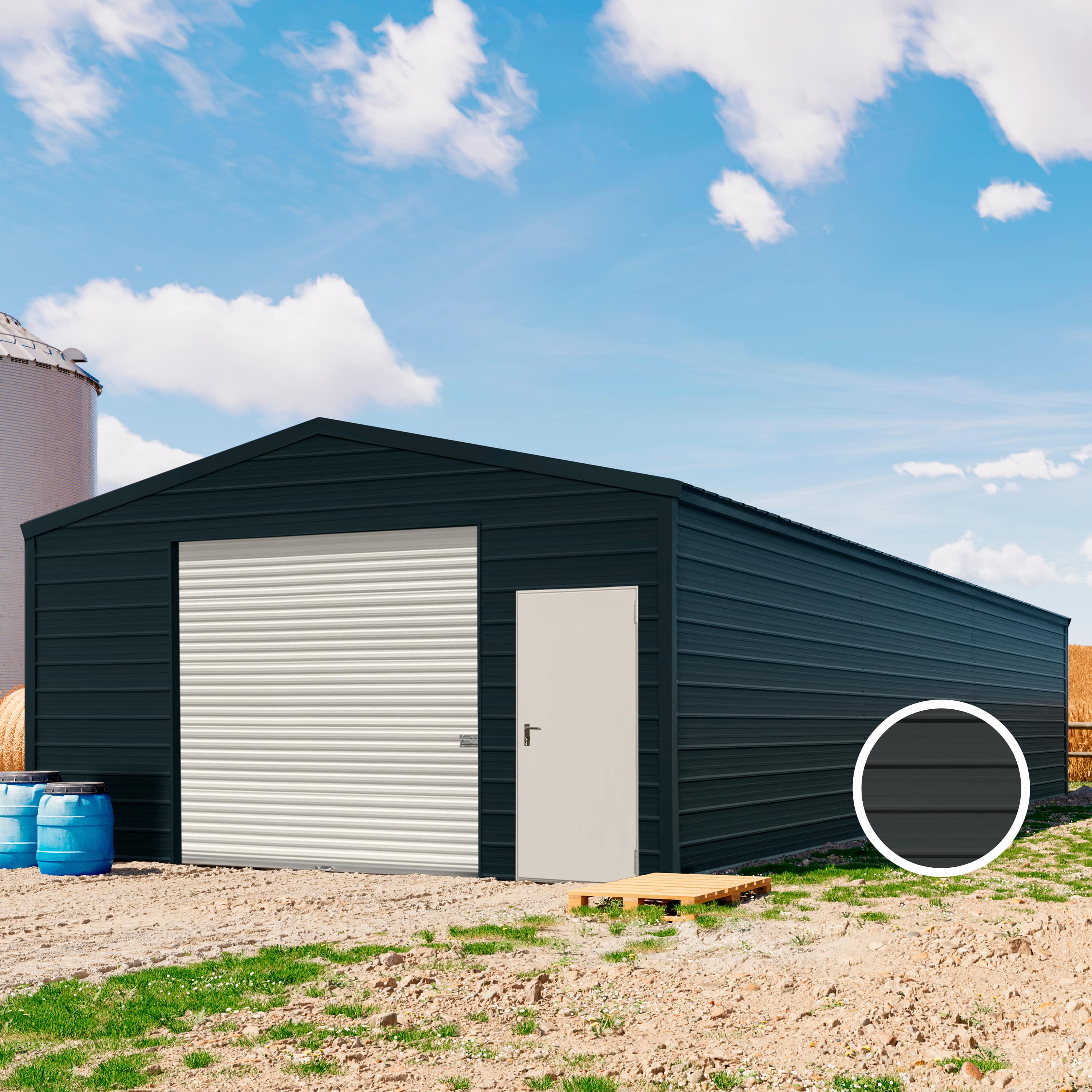 TOM BUILDER 5,7 x 15,2 m ARGO, Stahldach, Leichtbauhalle, Trapezblechverkleidung, Anthrazit, mit Statik (Erduntergrund), mit Motor und Regenrinne - (KROV00075)