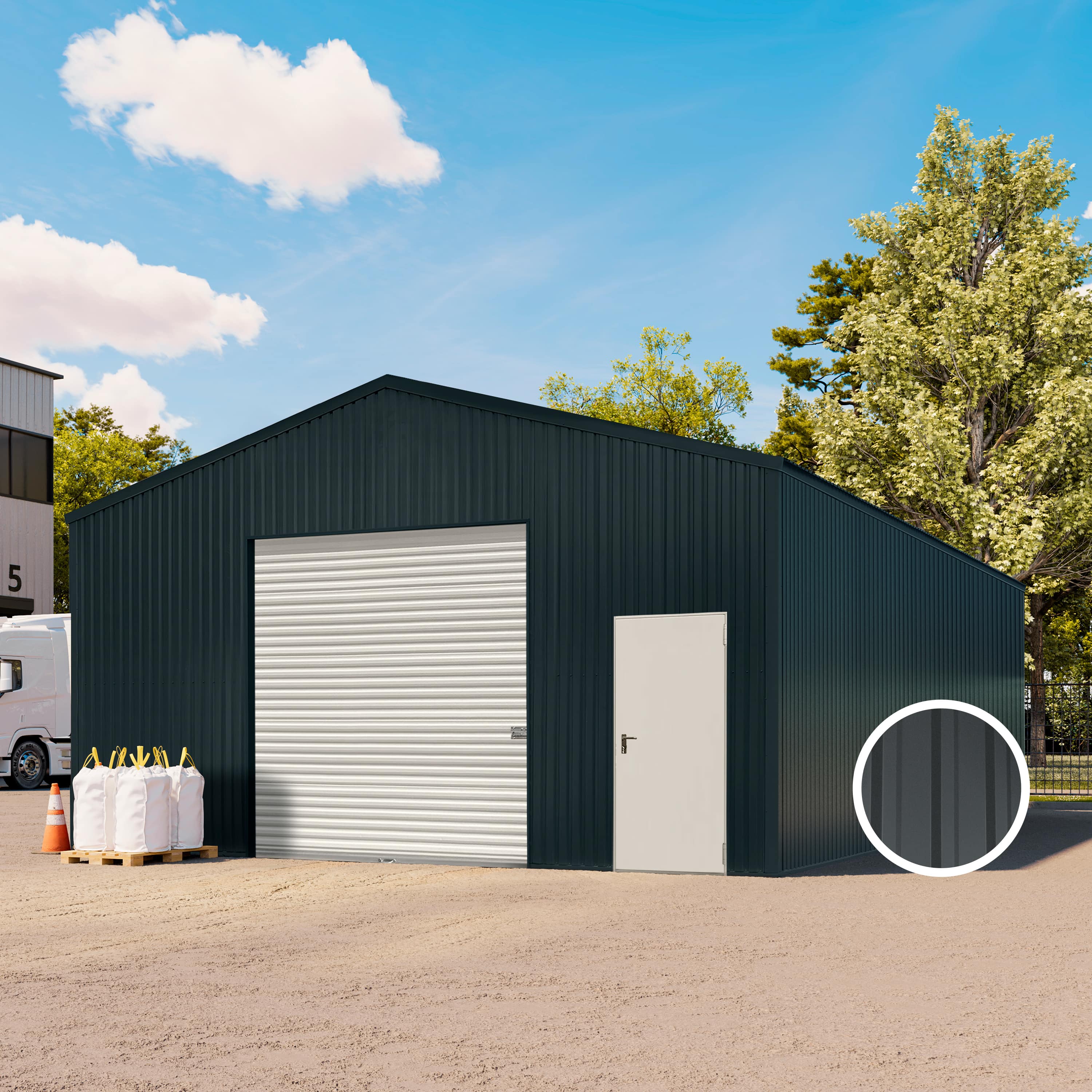 7,11x11,55m Leichtbauhalle anthrazit Stahl Fertighalle, Lagerhalle, Industriehalle
