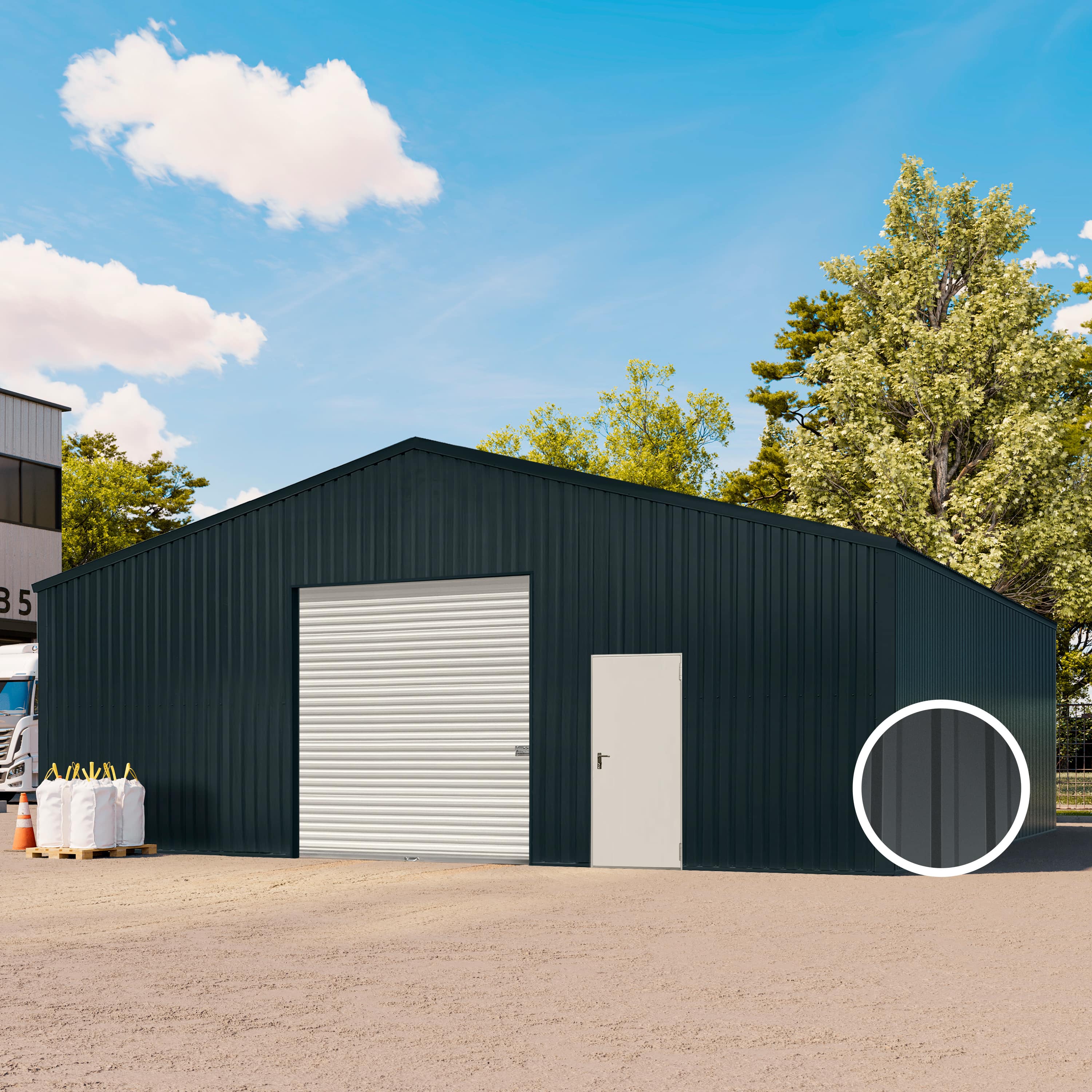 TOM BUILDER 10,04 x 10,03 m TITAN, Stahldach, Leichtbauhalle, Trapezblechverkleidung, Anthrazit, mit Statik (Erduntergrund), mit Motor und Regenrinne - (KROV00101)