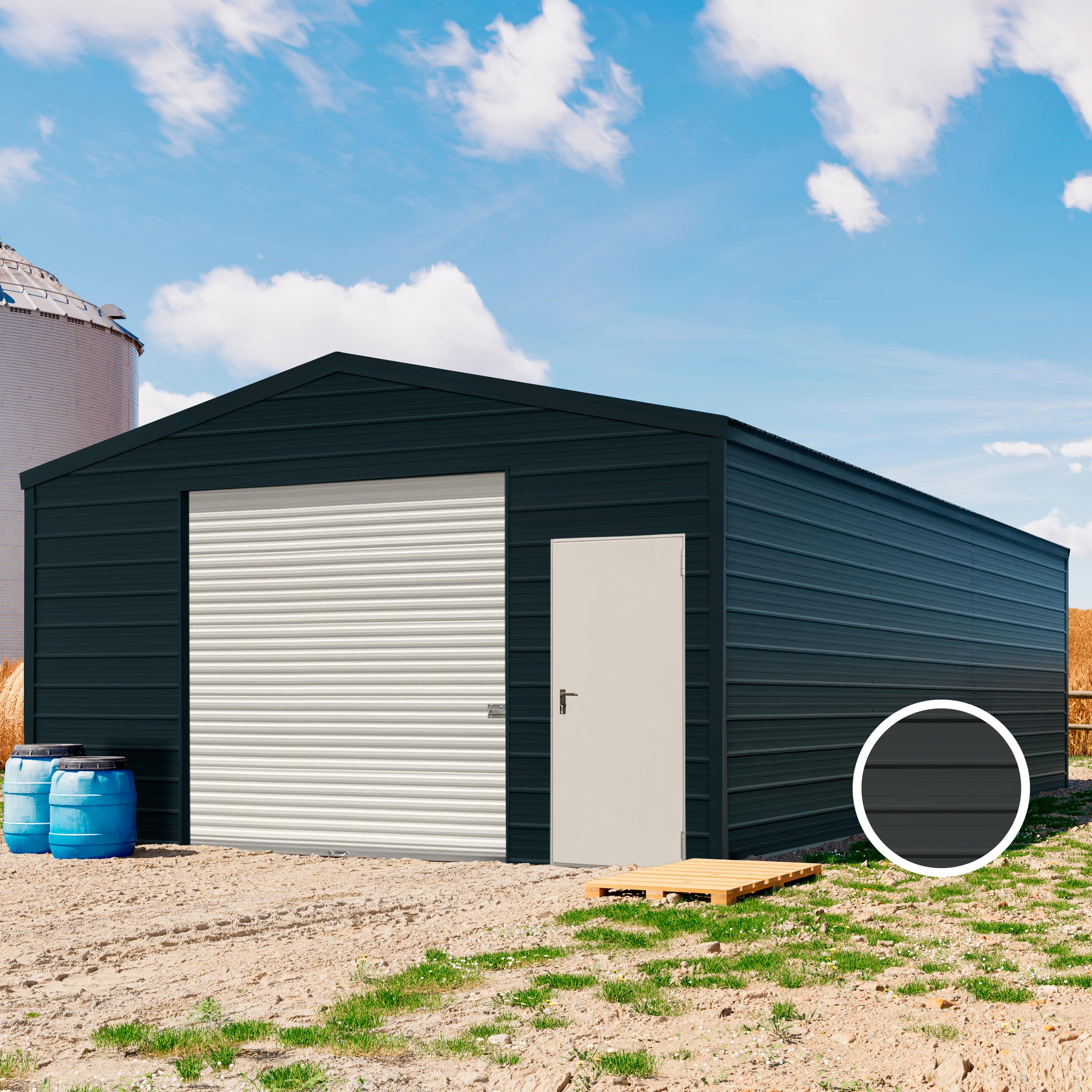 TOM BUILDER 5,7 x 9,2 m ARGO, Stahldach, Leichtbauhalle, Trapezblechverkleidung, Anthrazit, mit Statik (Betonuntergrund), mit Regenrinne - (KROV00108)