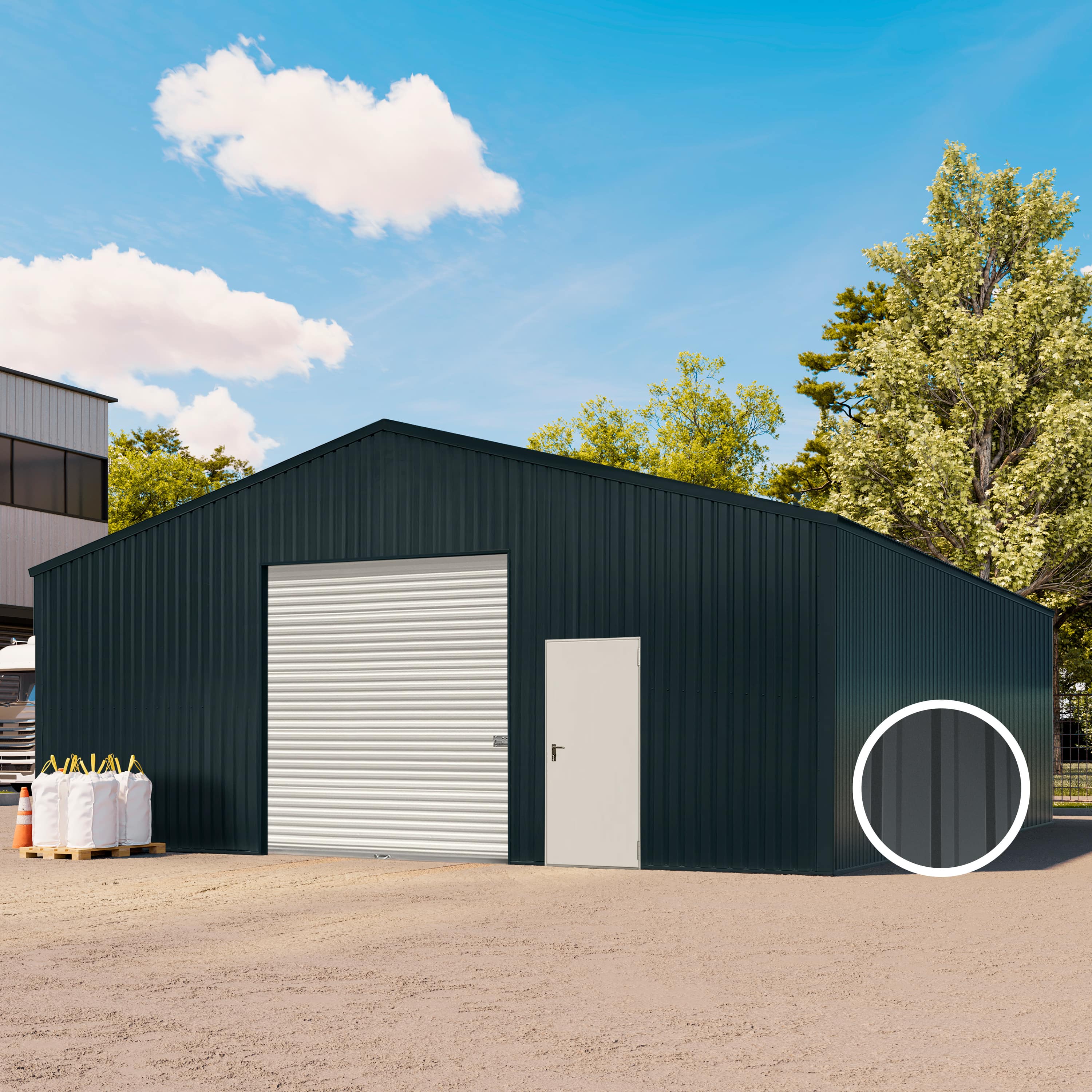 TOM BUILDER 9,04 x 10,03 m TITAN, Stahldach, Leichtbauhalle, Trapezblechverkleidung, Anthrazit, mit Statik (Betonuntergrund), mit Regenrinne - (KROV00112)