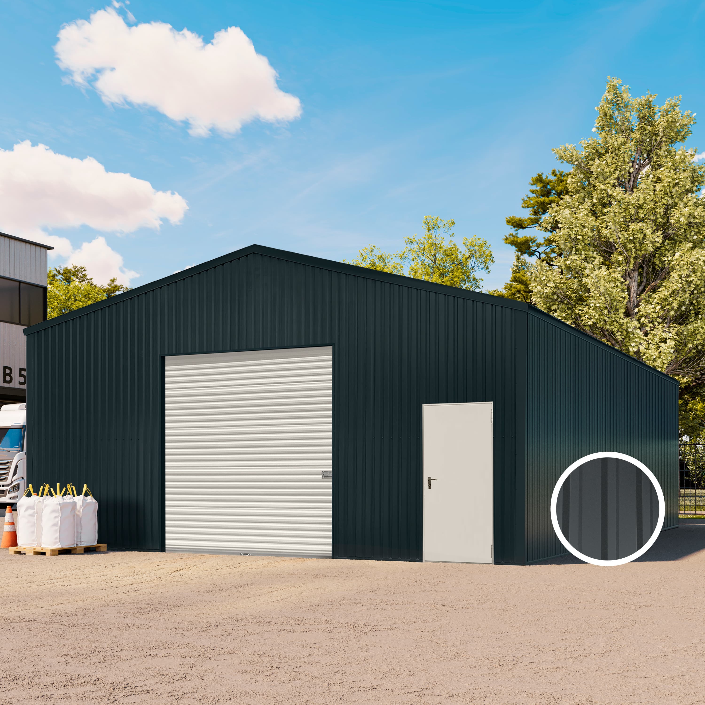 TOM BUILDER 8,19 x 11,55 m TITAN, Stahldach, Leichtbauhalle, Trapezblechverkleidung, Anthrazit, mit Statik (Erduntergrund), mit Regenrinne - (KROV00113)