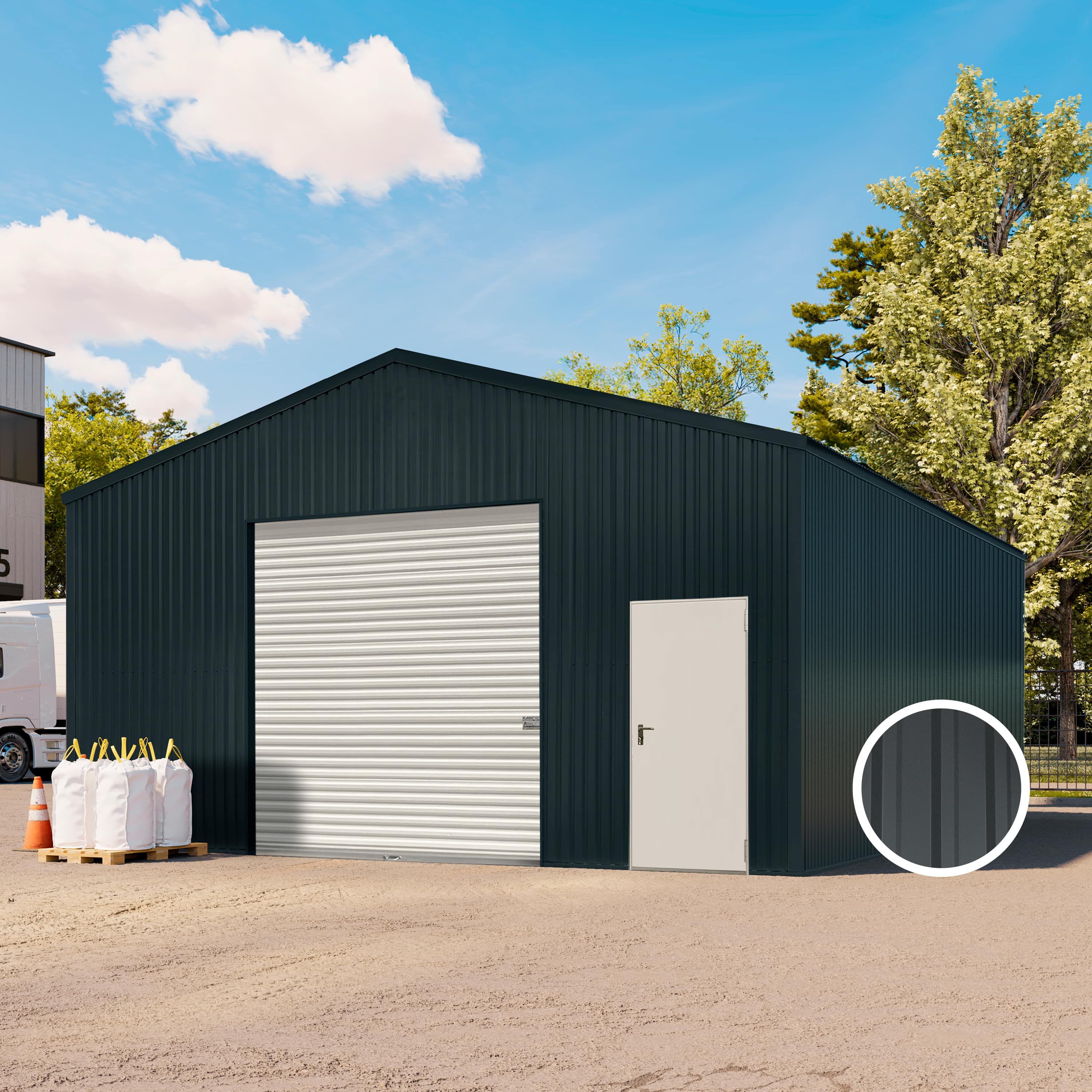 TOM BUILDER 7,11 x 8,68 m TITAN, Stahldach, Leichtbauhalle, Trapezblechverkleidung, Anthrazit, mit Statik (Erduntergrund), mit Regenrinne - (KROV00121)