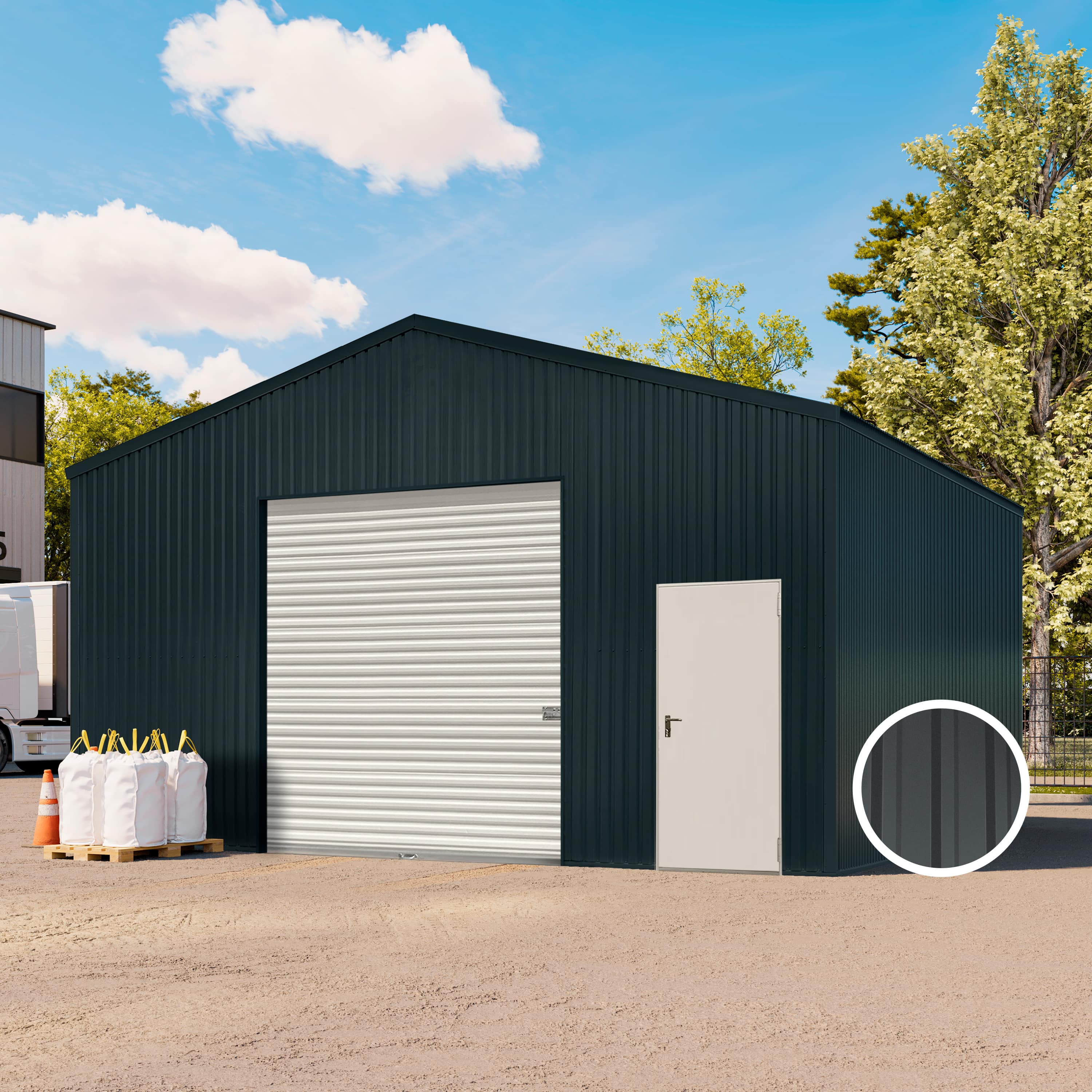 TOM BUILDER 7,11 x 5,82 m TITAN, Stahldach, Leichtbauhalle, Trapezblechverkleidung, Anthrazit, mit Statik (Betonuntergrund), mit Regenrinne - (KROV00124)