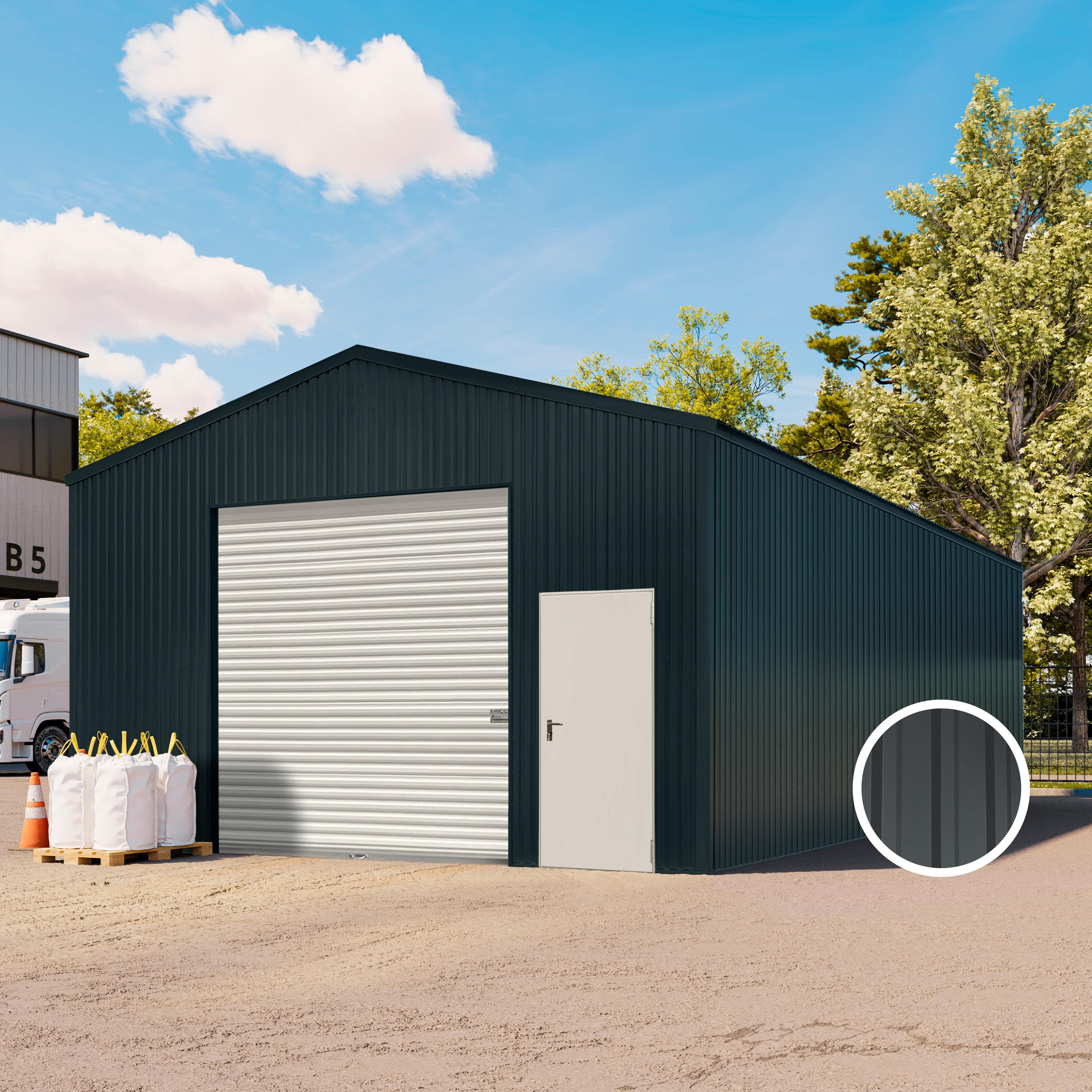 TOM BUILDER 6,02 x 11,55 m TITAN, Stahldach, Leichtbauhalle, Trapezblechverkleidung, Anthrazit, mit Statik (Betonuntergrund), mit Regenrinne - (KROV00126)