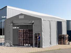 8x8m 4.0m Sides Storage Tent / Shelter w. ground frame and pull-up gate, PVC 850, grey without statics package