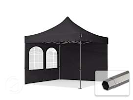 3x3m PES 750 Pop Up Gazebo PREMIUM Steel 40 mm, incl. Sidewalls with Windows, black 3x3m PES 750 Pop Up Gazebo PREMIUM Steel 40 mm, incl. Sidewalls with Windows, black