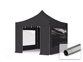 3x3 m PVC 800 Pop Up Gazebo PREMIUM Steel 40 mm, incl. 4 side panels with Panorama Windows, black 3x3 m PVC 800 Pop Up Gazebo PREMIUM Steel 40 mm, incl. 4 side panels with Panorama Windows, black