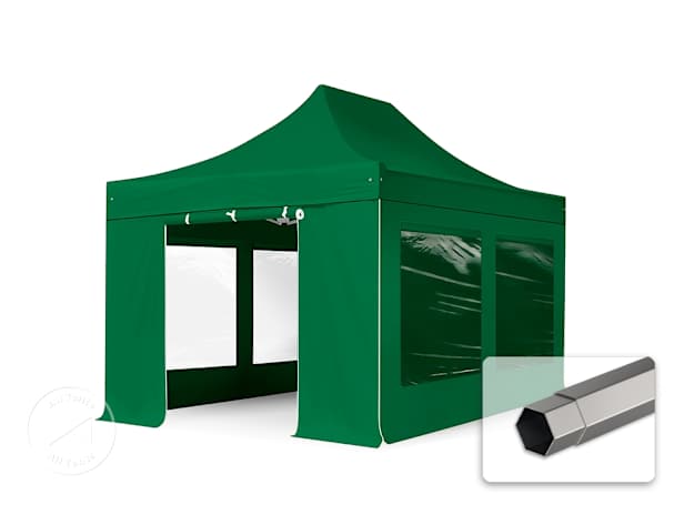 3x4.5m PES 750 Pop Up Gazebo PREMIUM Steel 40 mm, incl. 4 side panels with Panorama Windows, dark green 3x4.5m PES 750 Pop Up Gazebo PREMIUM Steel 40 mm, incl. 4 side panels with Panorama Windows, dark green