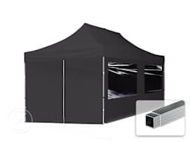 3x6m PES 700 Pop up gazebo ECONOMY Aluminium 32 mm, incl. 4 side panels with Panorama Windows, black