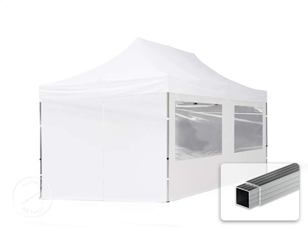 3x6m PES 700 Pop up gazebo ECONOMY Aluminium 32 mm, incl. 4 side panels with Panorama Windows, white