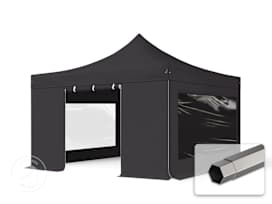 4x4m PVC 800 Pop Up Gazebo PREMIUM Steel 40 mm, incl. 4 side panels with Panorama Windows, black 4x4m PVC 800 Pop Up Gazebo PREMIUM Steel 40 mm, incl. 4 side panels with Panorama Windows, black